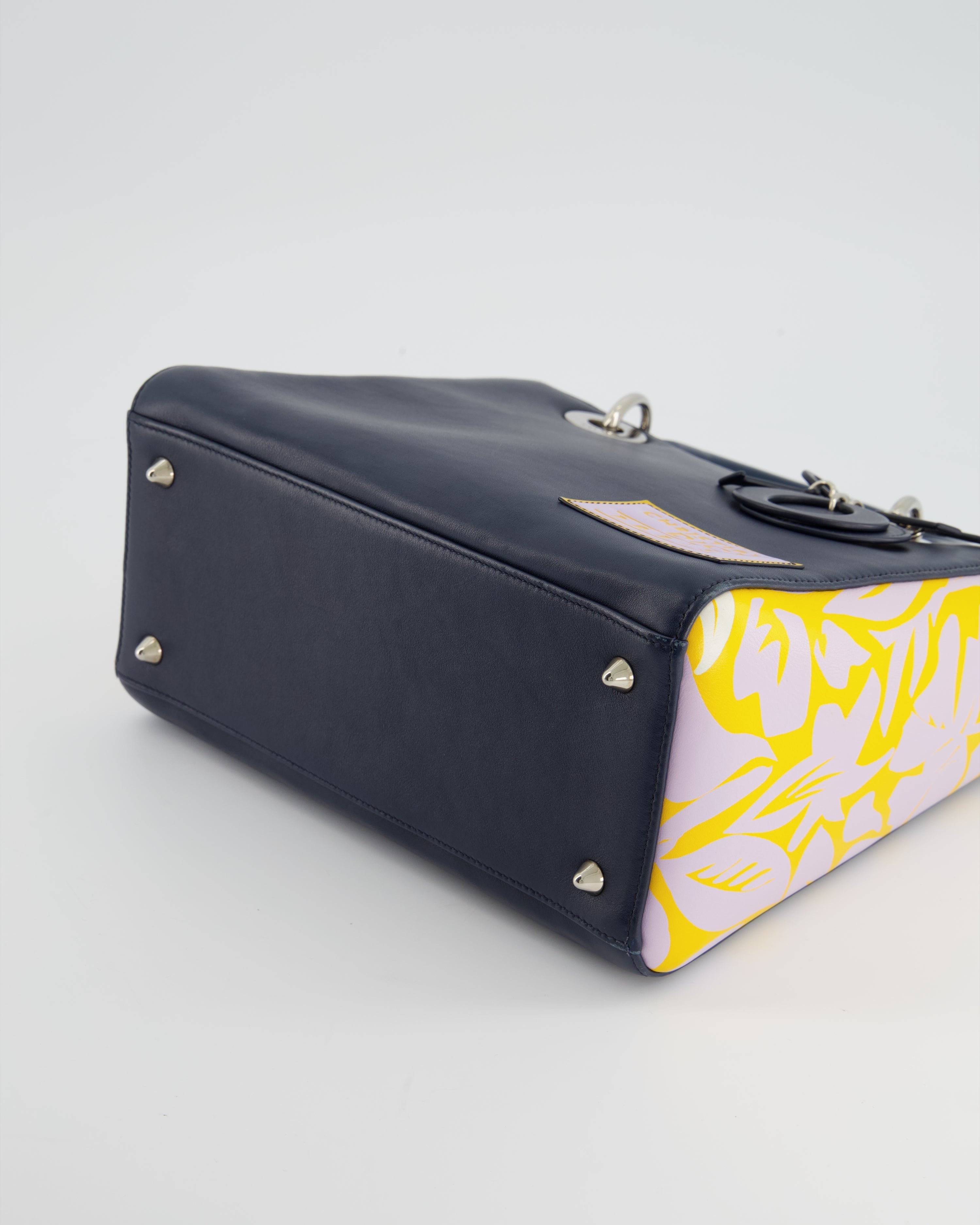 Christian Dior Navy Blue Medium Lady Dior Bag Calfskin Leather with Purple and Yellow Abstract Print and Silver Hardware