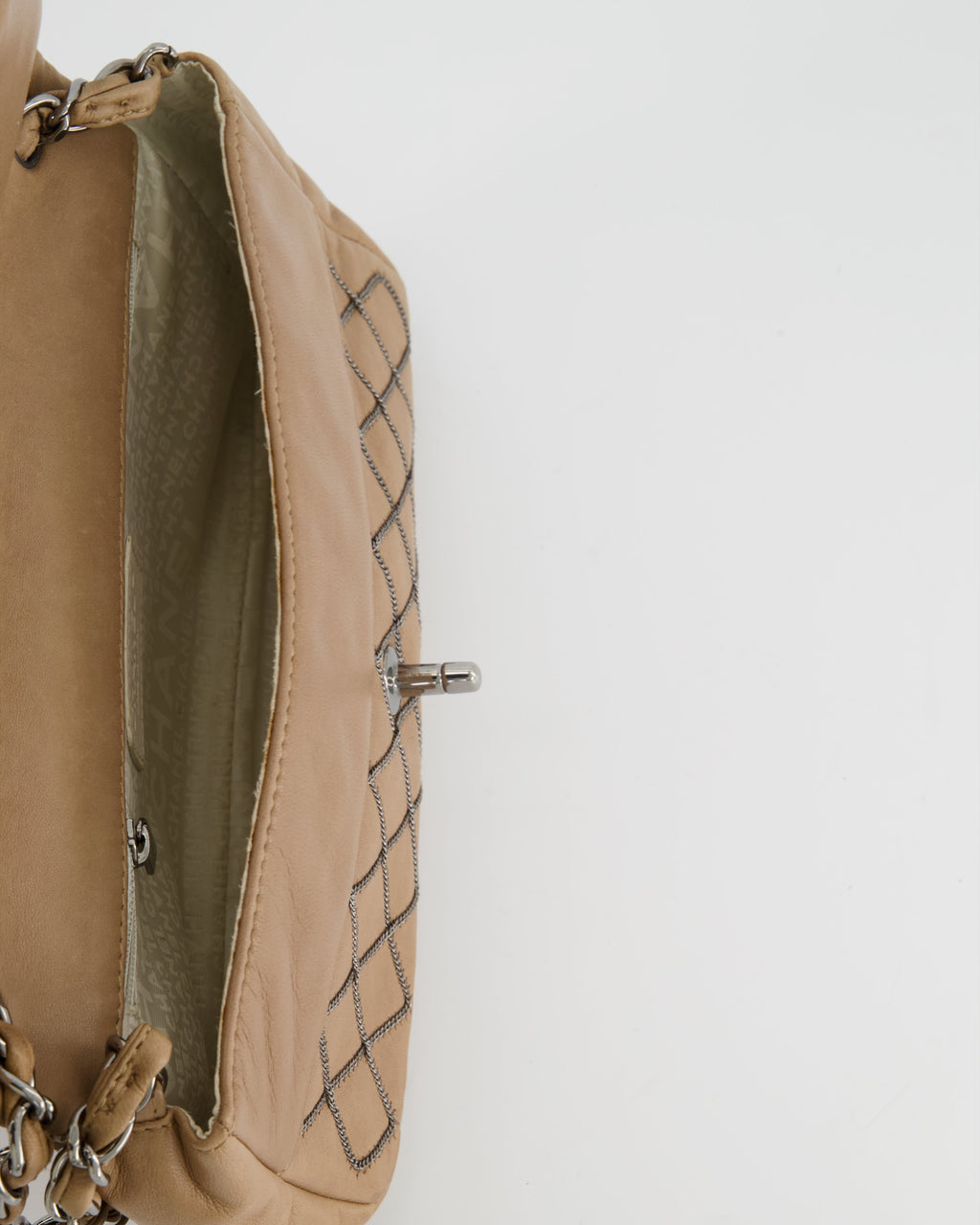 Chanel Beige East West Single Flap Bag in Lambskin Leather with Silver Quilted Chain Detail