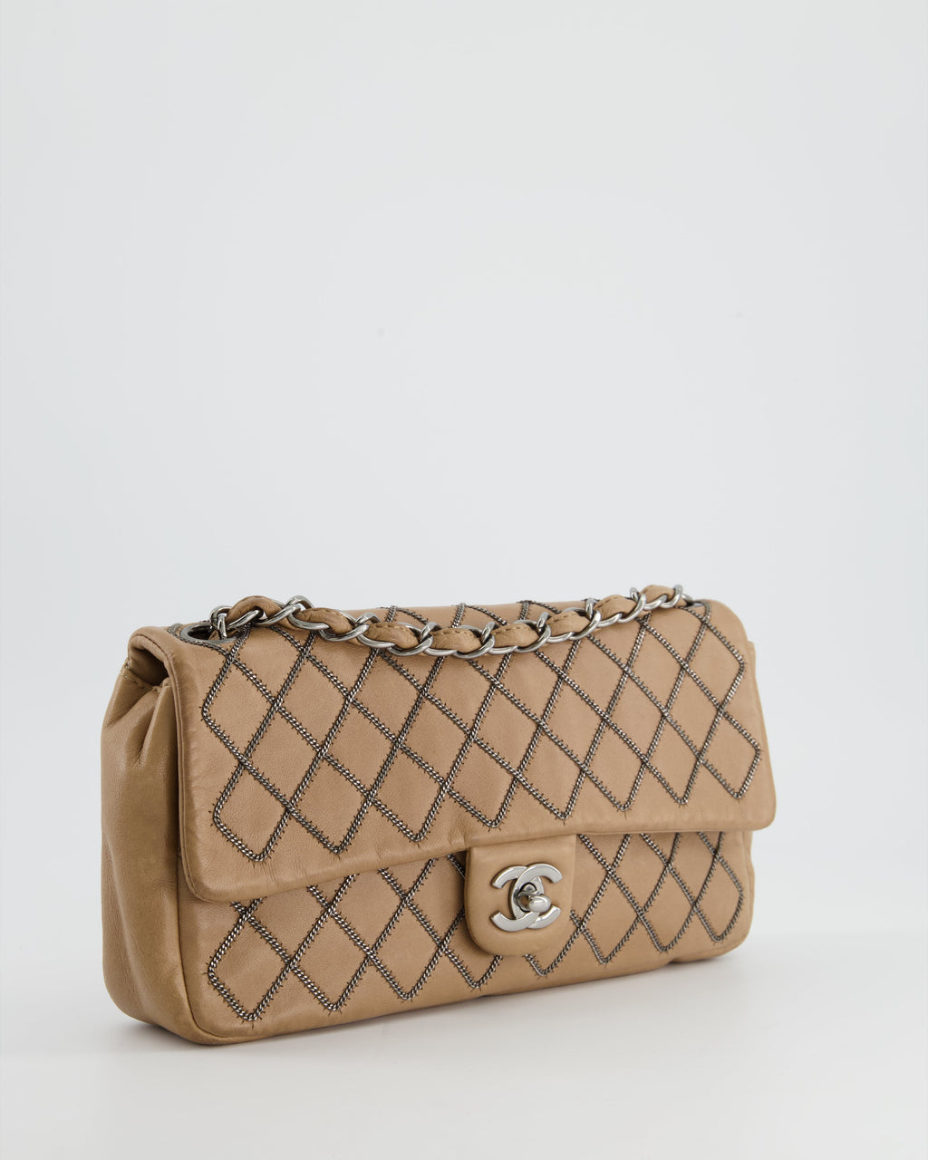 Chanel Beige East West Single Flap Bag in Lambskin Leather with Silver Quilted Chain Detail