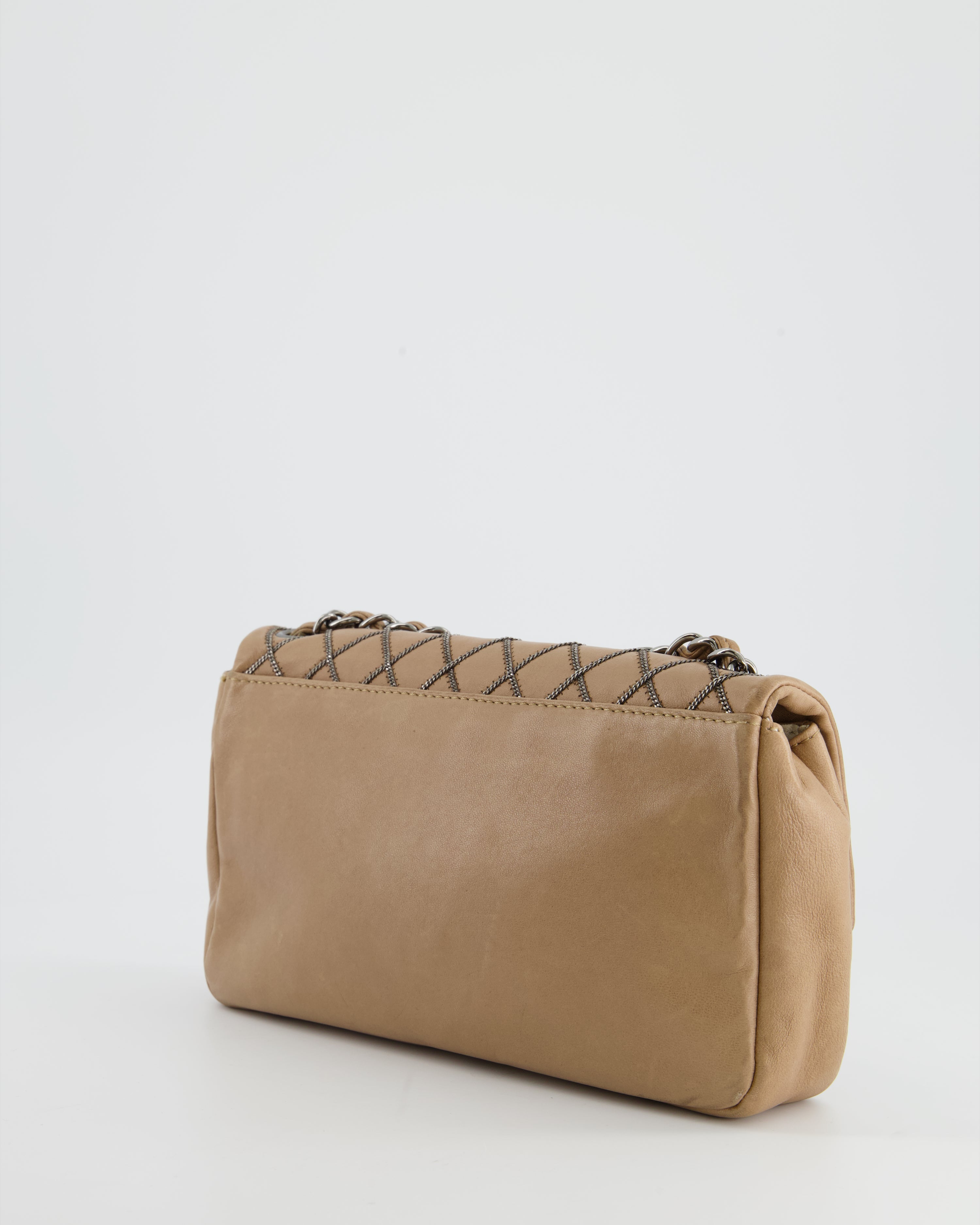 Chanel Beige East West Single Flap Bag in Lambskin Leather with Silver Quilted Chain Detail