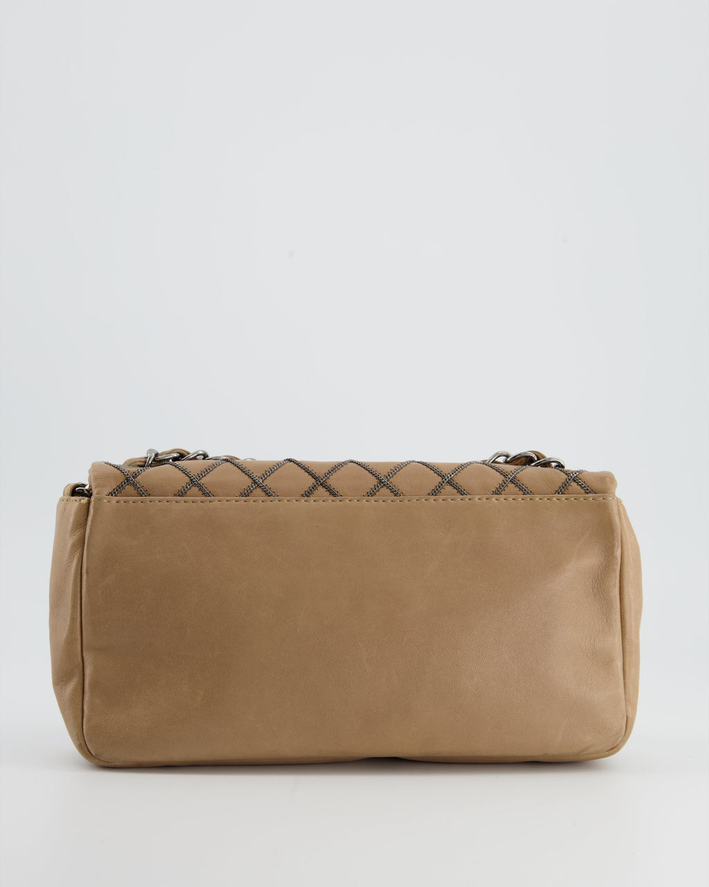 Chanel Beige East West Single Flap Bag in Lambskin Leather with Silver Quilted Chain Detail