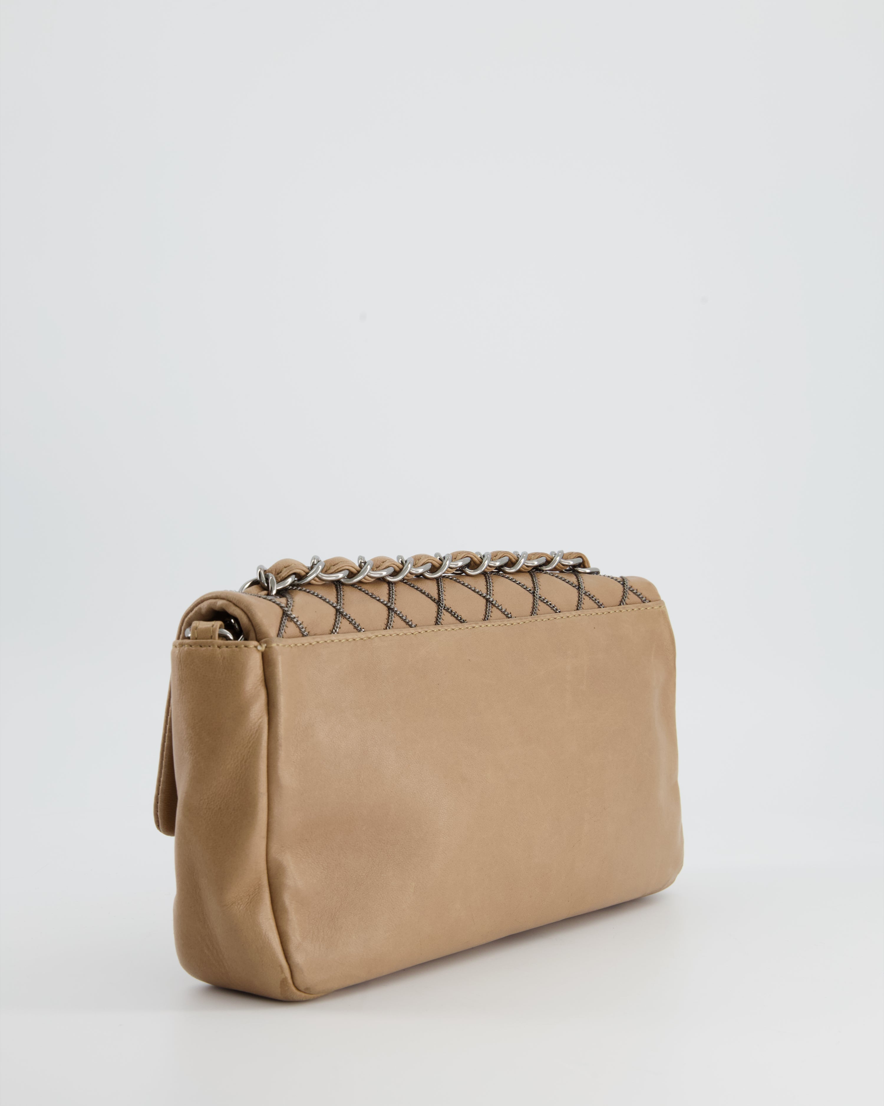 Chanel Beige East West Single Flap Bag in Lambskin Leather with Silver Quilted Chain Detail