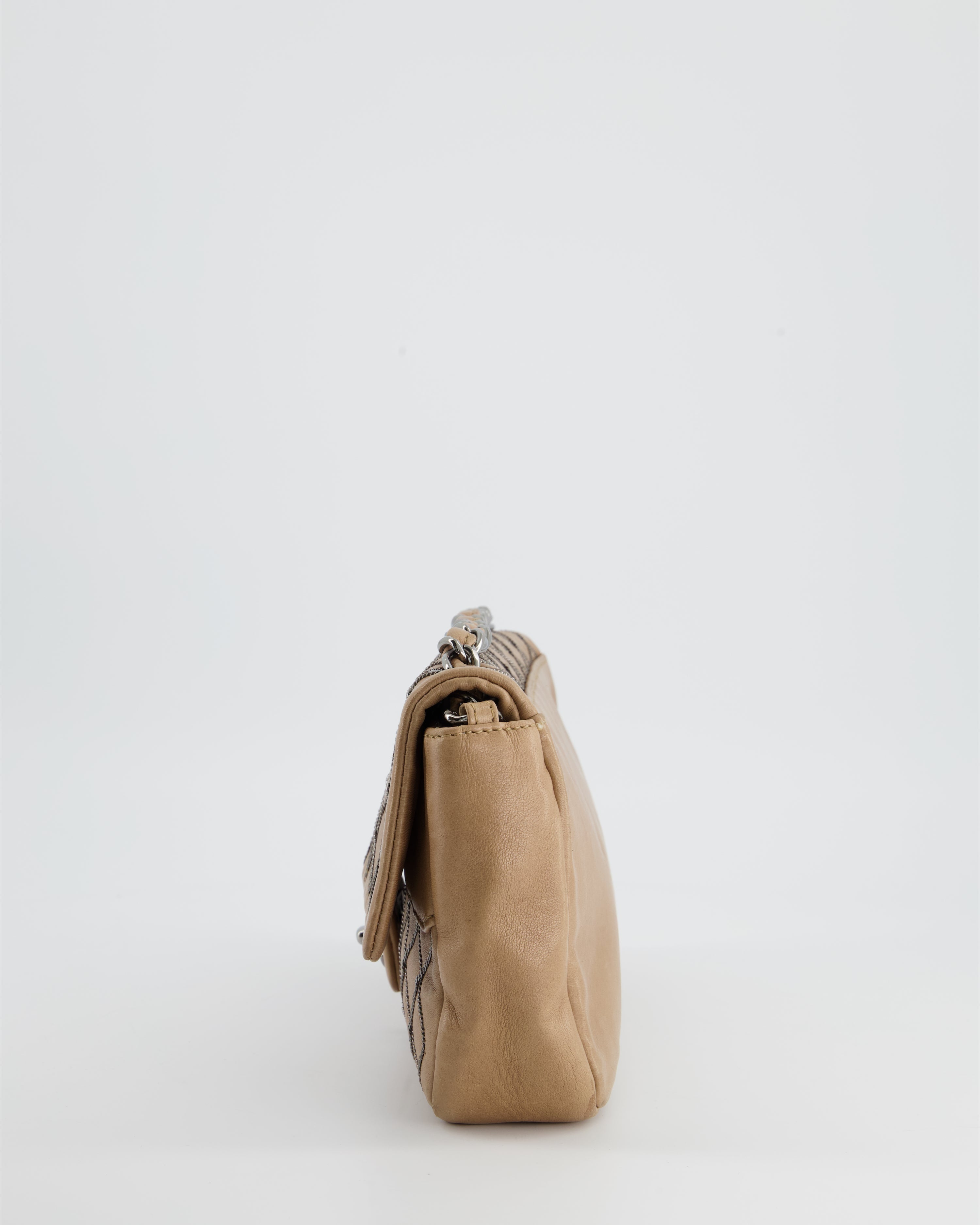 Chanel Beige East West Single Flap Bag in Lambskin Leather with Silver Quilted Chain Detail