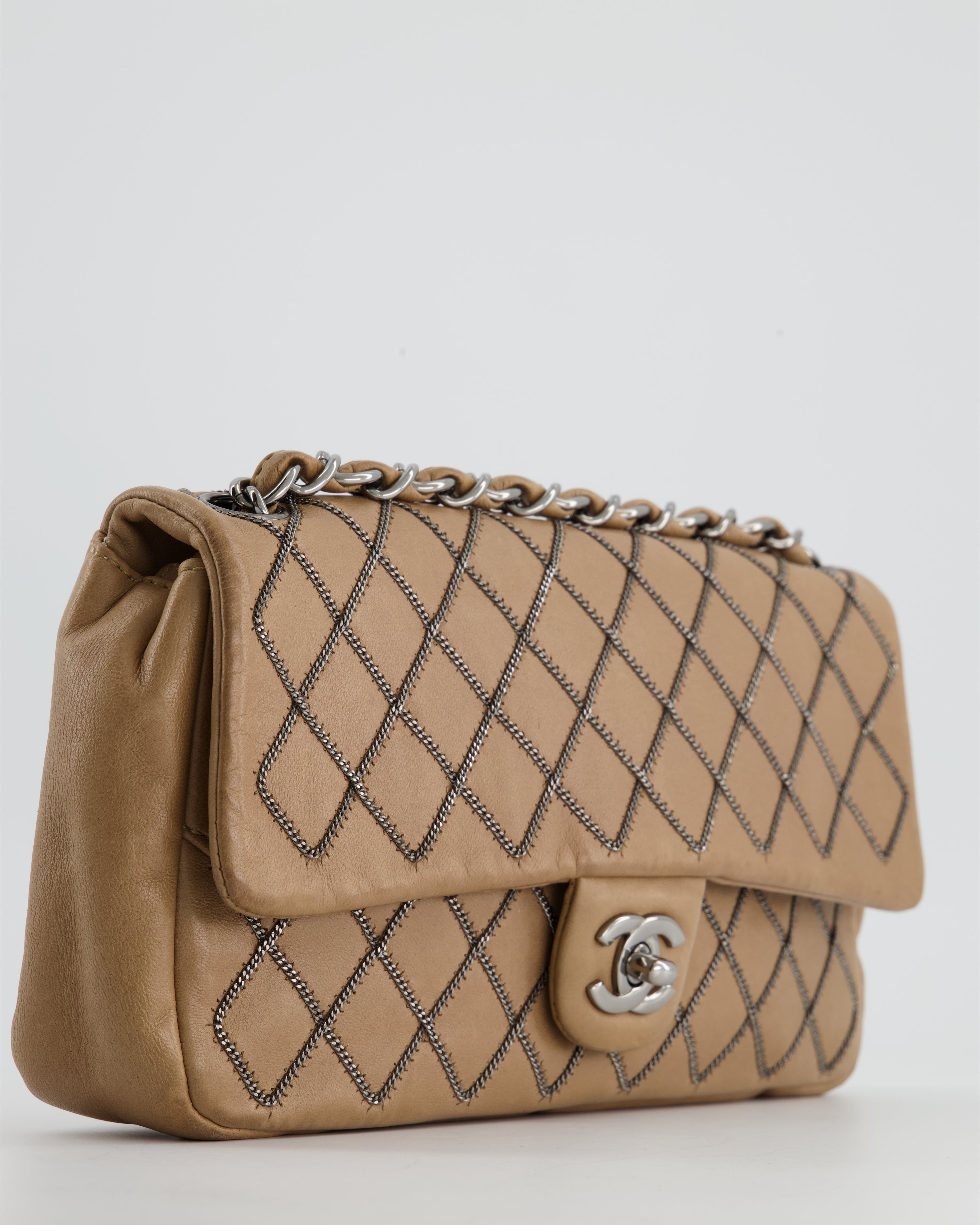 Chanel Beige East West Single Flap Bag in Lambskin Leather with Silver Quilted Chain Detail