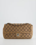 Chanel Beige East West Single Flap Bag in Lambskin Leather with Silver Quilted Chain Detail