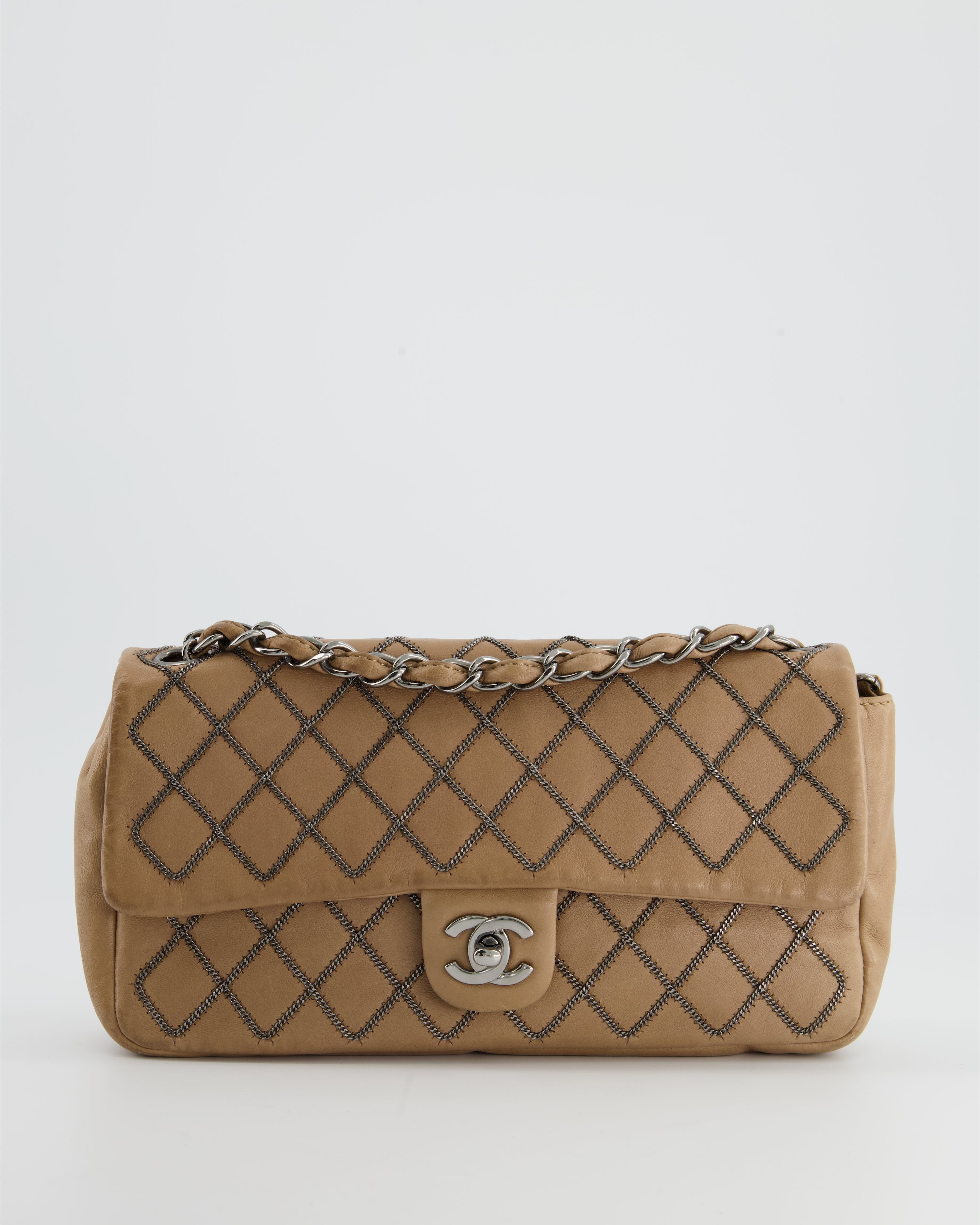 Chanel Beige East West Single Flap Bag in Lambskin Leather with Silver Quilted Chain Detail