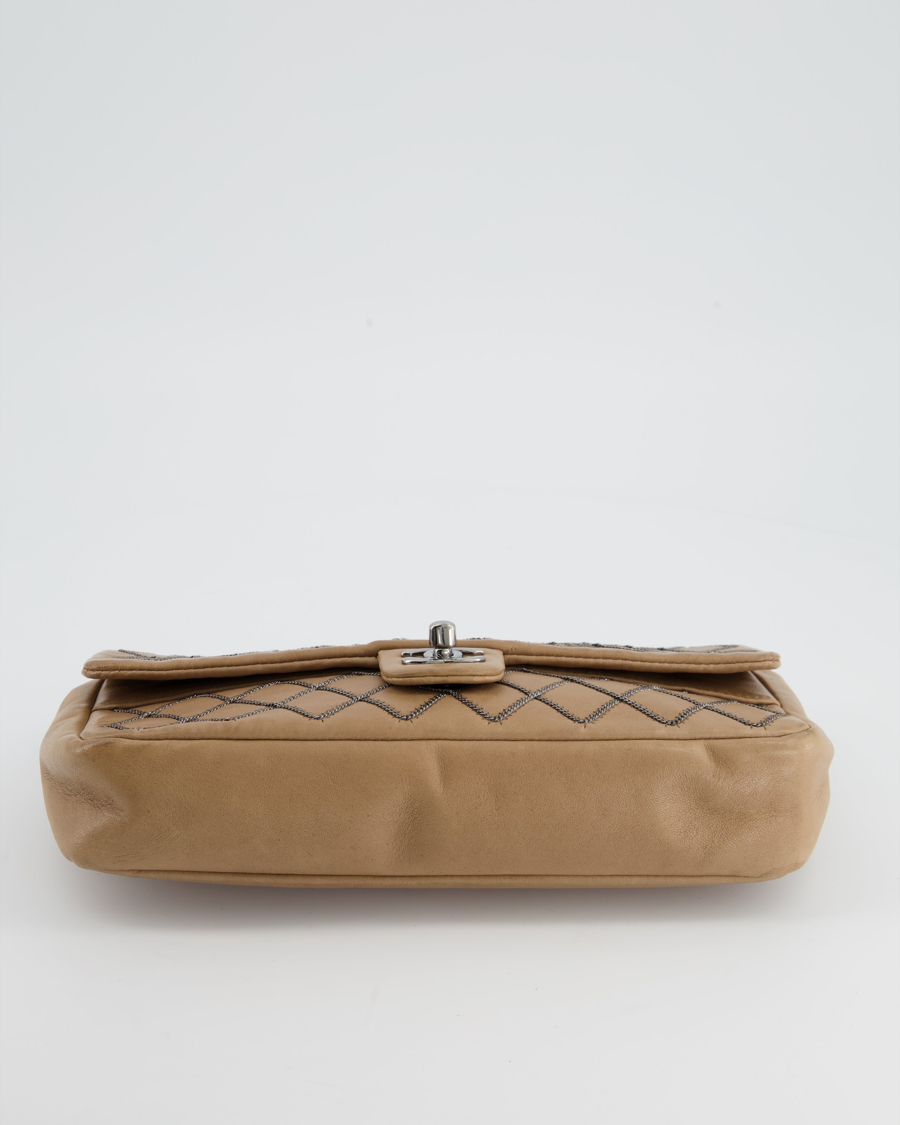 Chanel Beige East West Single Flap Bag in Lambskin Leather with Silver Quilted Chain Detail