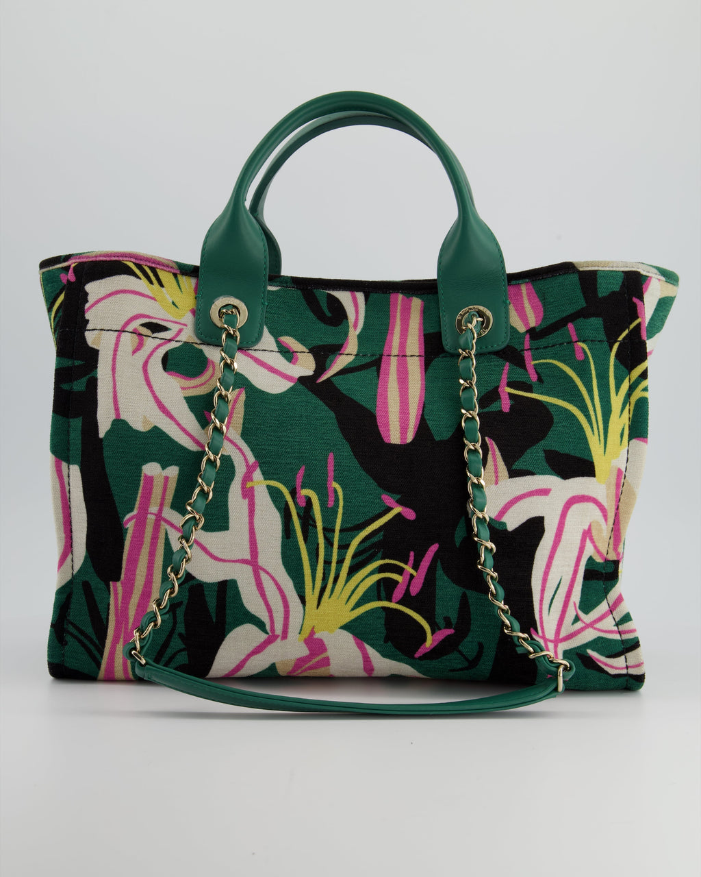 Chanel Métiers D'Art Spring / Summer 2023 Printed Velvet Small Deauville Tote Bag with Wooden Pearls and Champagne Gold Hardware