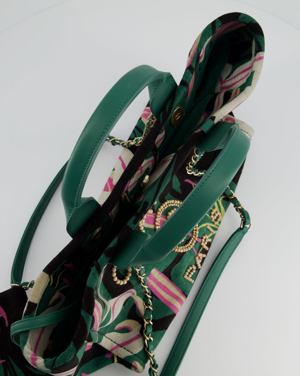 Chanel Métiers D'Art Spring / Summer 2023 Printed Velvet Small Deauville Tote Bag with Wooden Pearls and Champagne Gold Hardware