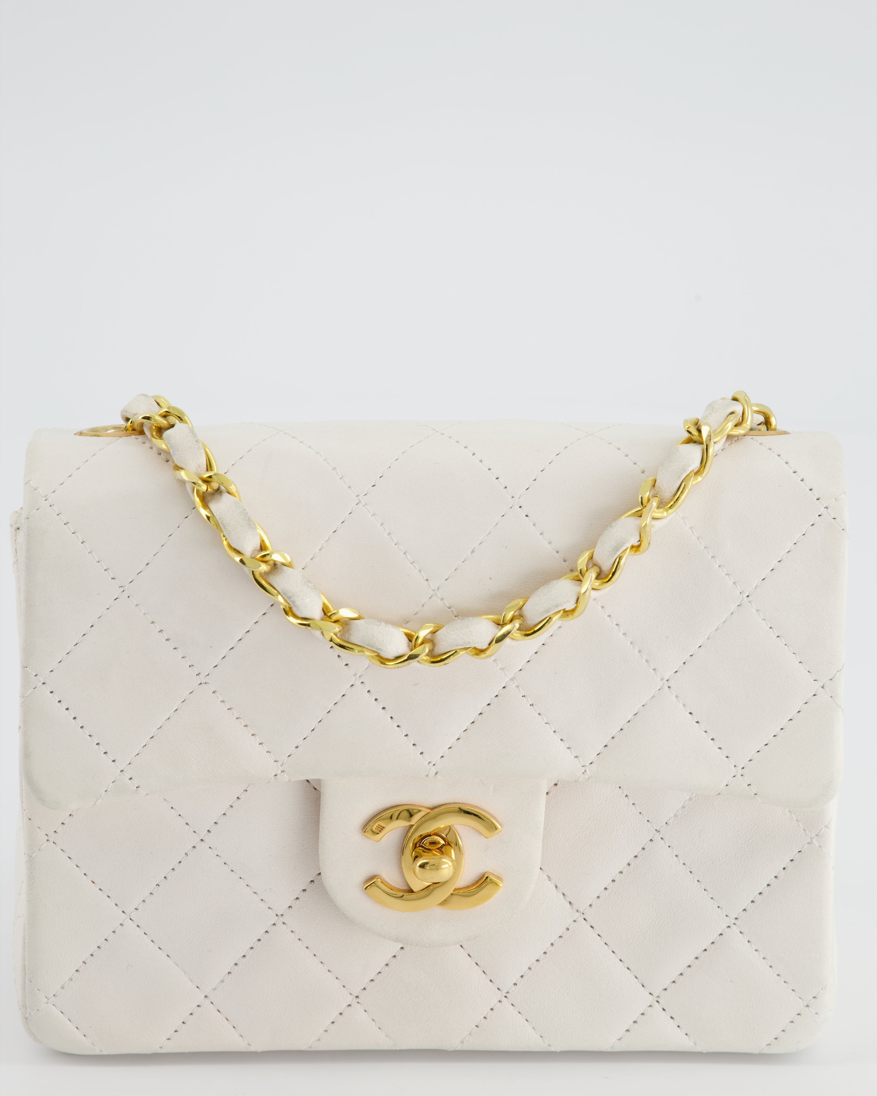 Chanel Vintage White Mini Square Bag in Lambskin Leather with 24K Gold Hardware