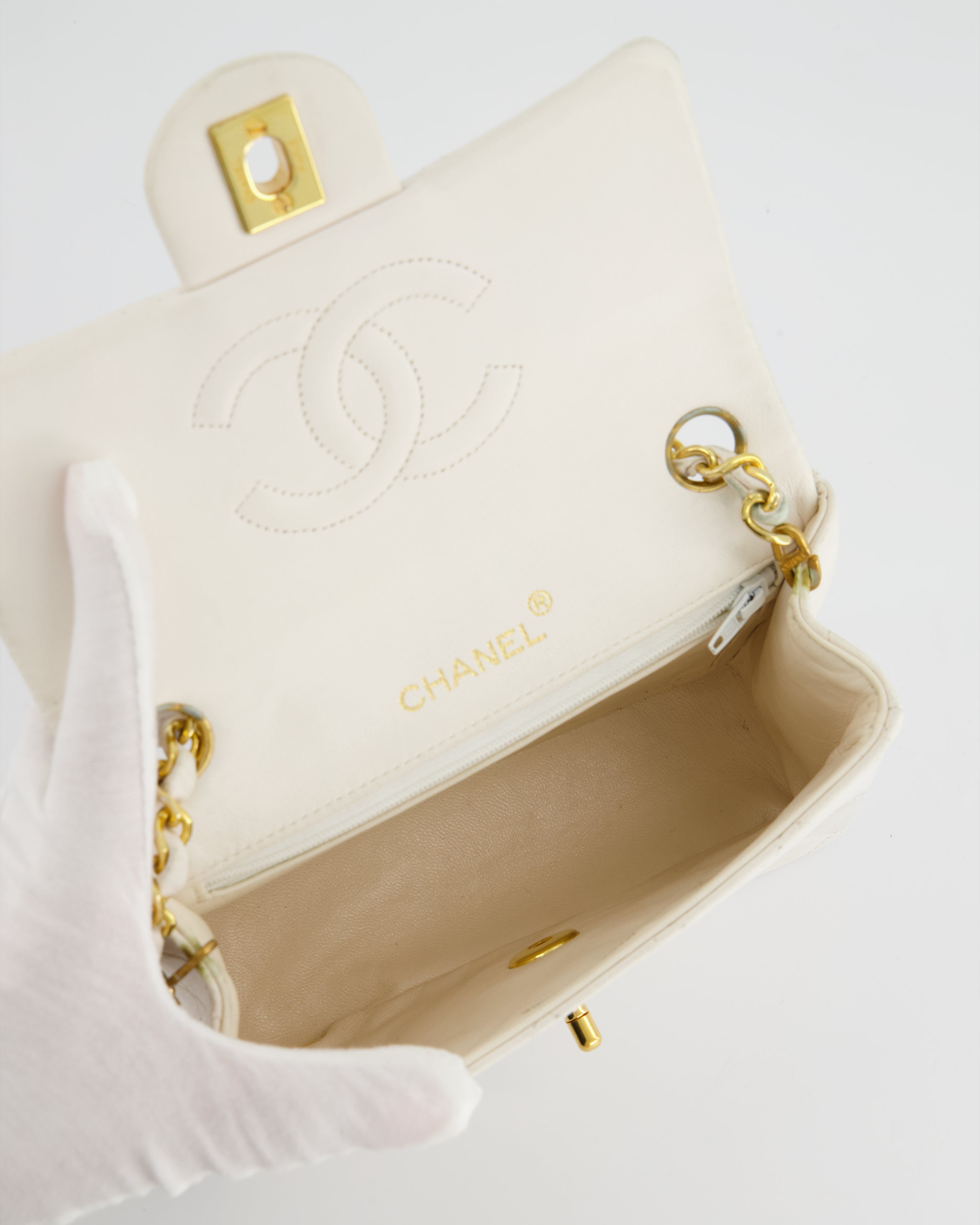 Chanel Vintage White Mini Square Bag in Lambskin Leather with 24K Gold Hardware