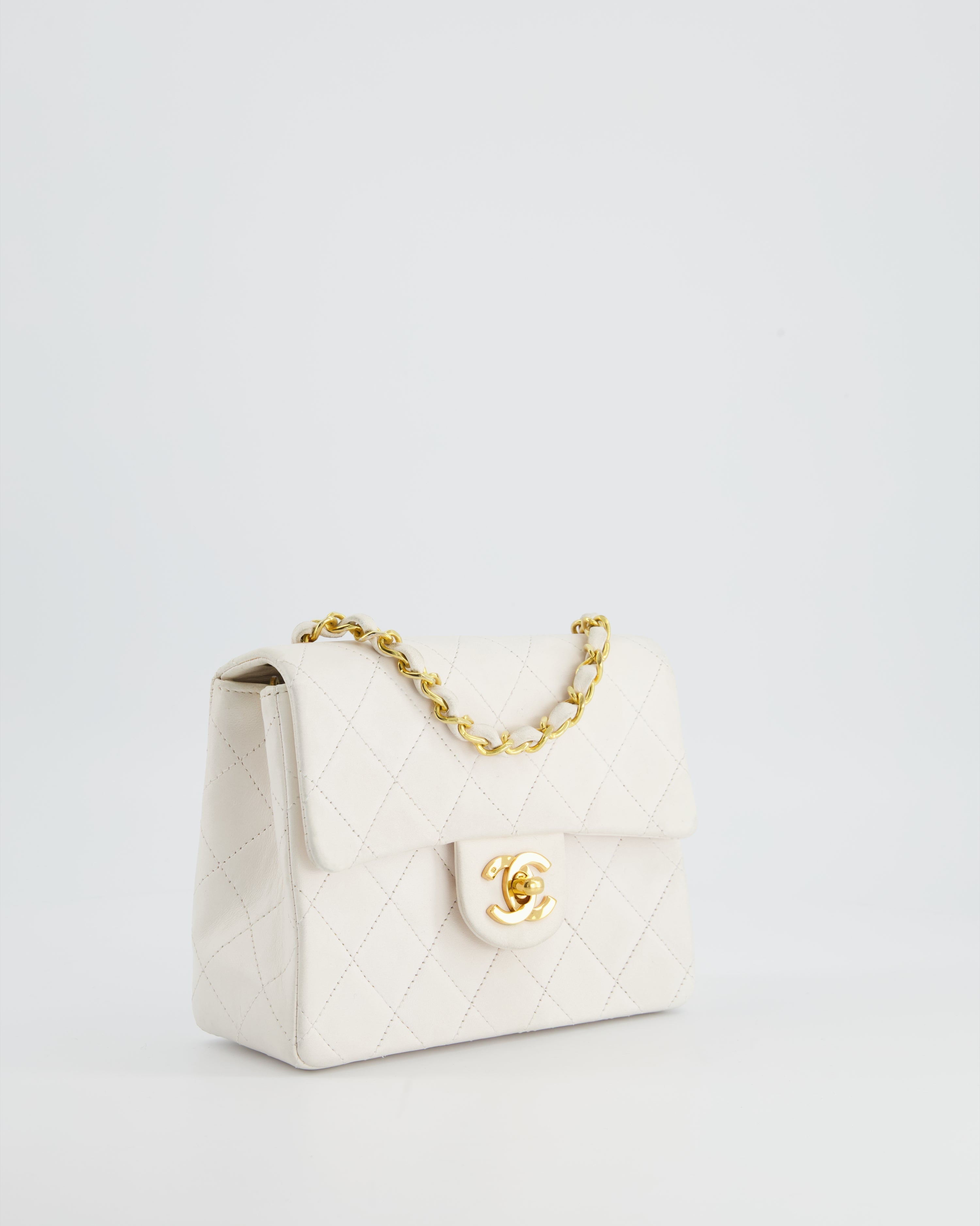 Chanel Vintage White Mini Square Bag in Lambskin Leather with 24K Gold Hardware