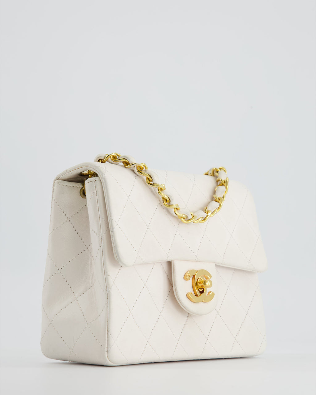Chanel Vintage White Mini Square Bag in Lambskin Leather with 24K Gold Hardware