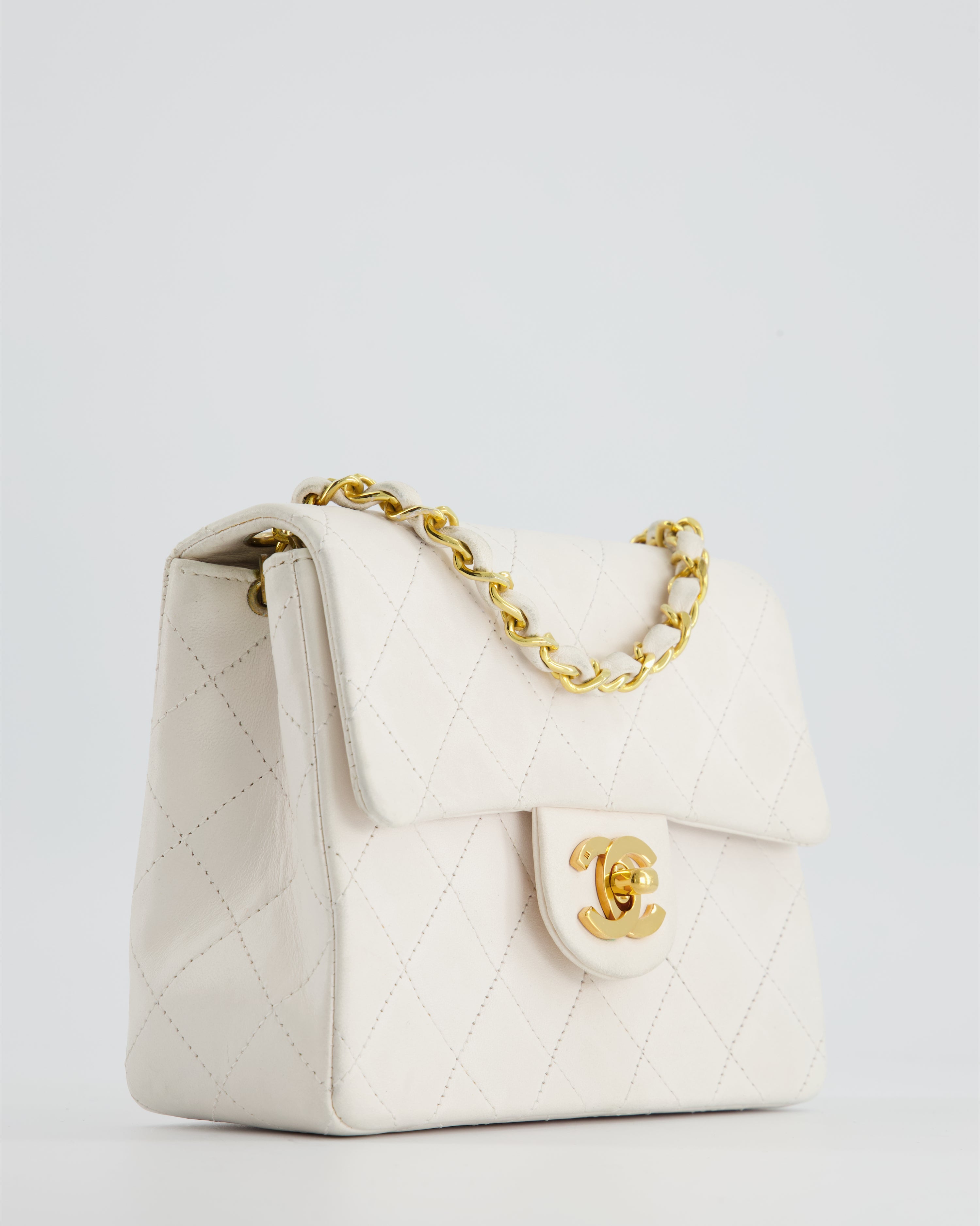 Chanel Vintage White Mini Square Bag in Lambskin Leather with 24K Gold Hardware