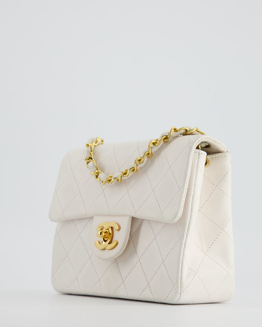 Chanel Vintage White Mini Square Bag in Lambskin Leather with 24K Gold Hardware