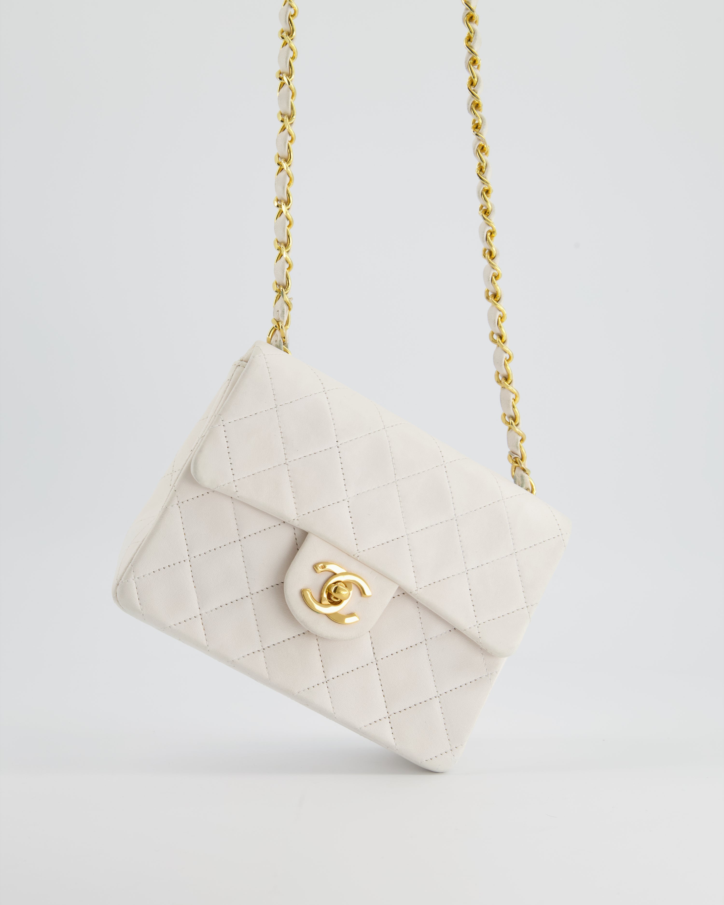 Chanel Vintage White Mini Square Bag in Lambskin Leather with 24K Gold Hardware
