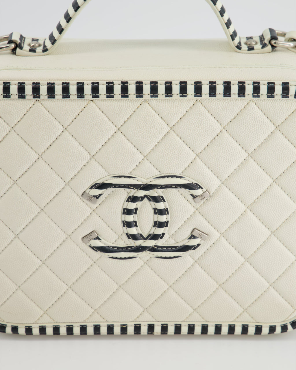 Chanel White Caviar Vanity Case with Zebra Motif CC Logo and Silver Hardware