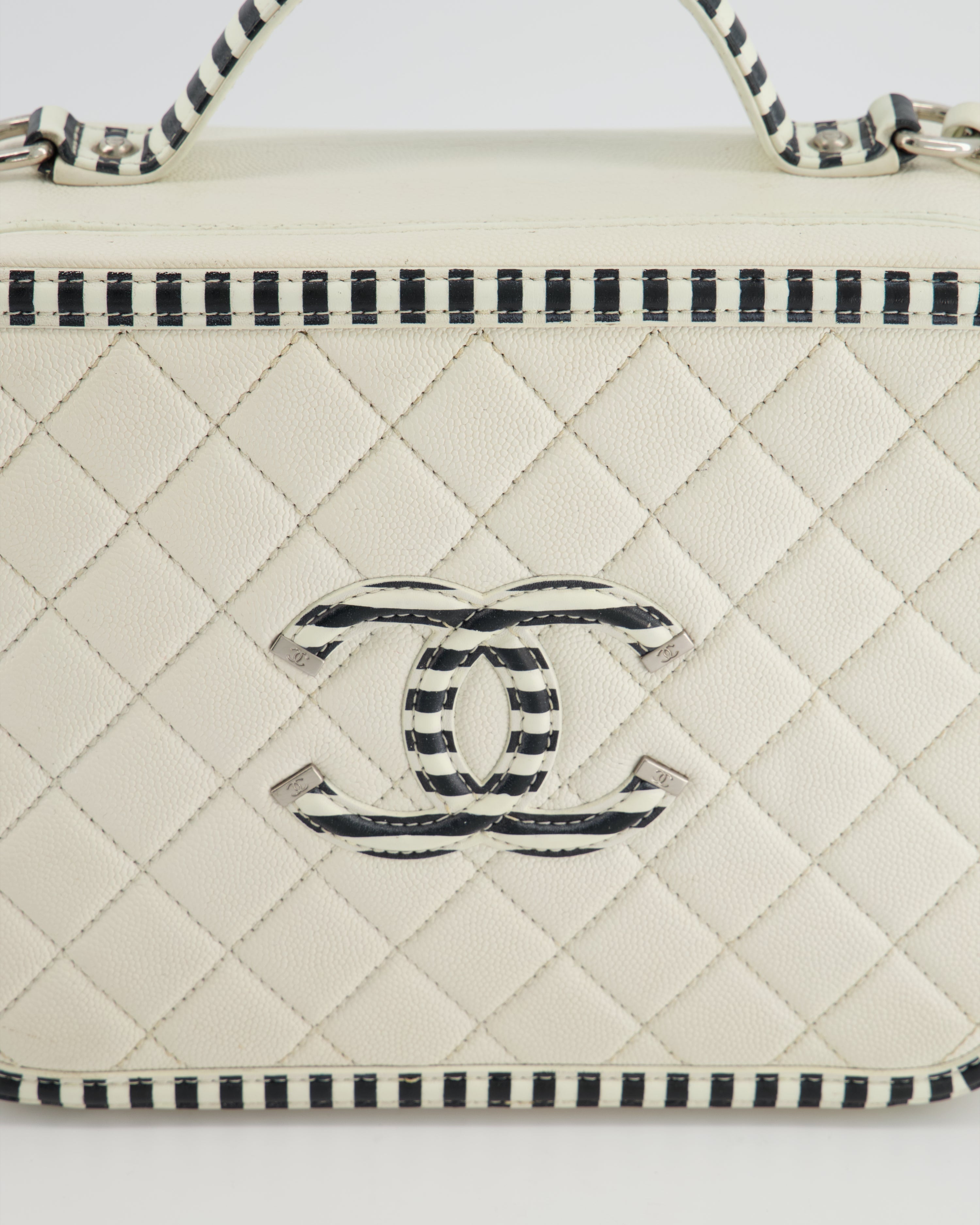 Chanel White Caviar Vanity Case with Zebra Motif CC Logo and Silver Hardware