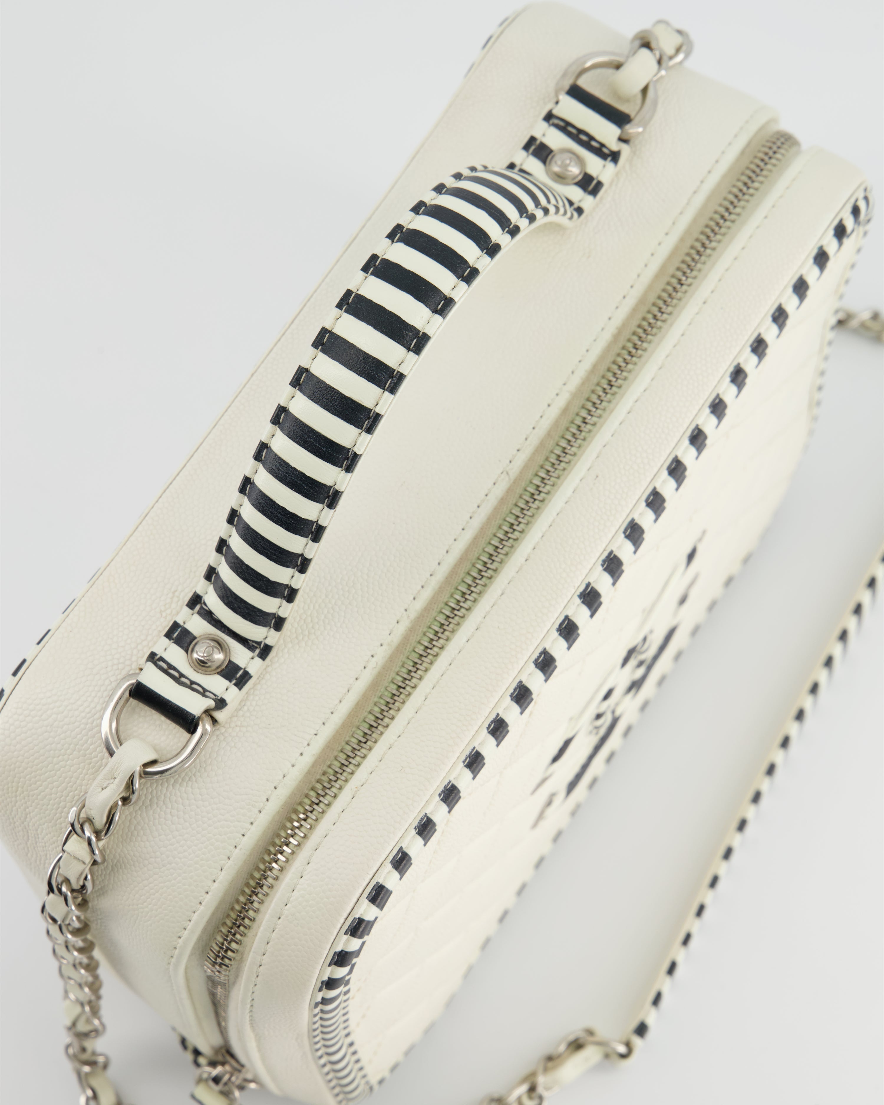 Chanel White Caviar Vanity Case with Zebra Motif CC Logo and Silver Hardware