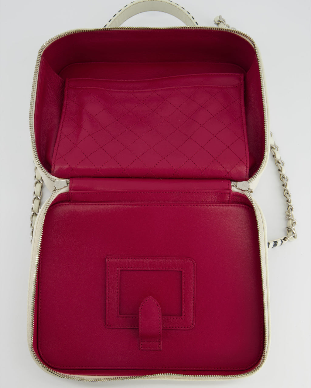 Chanel White Caviar Vanity Case with Zebra Motif CC Logo and Silver Hardware