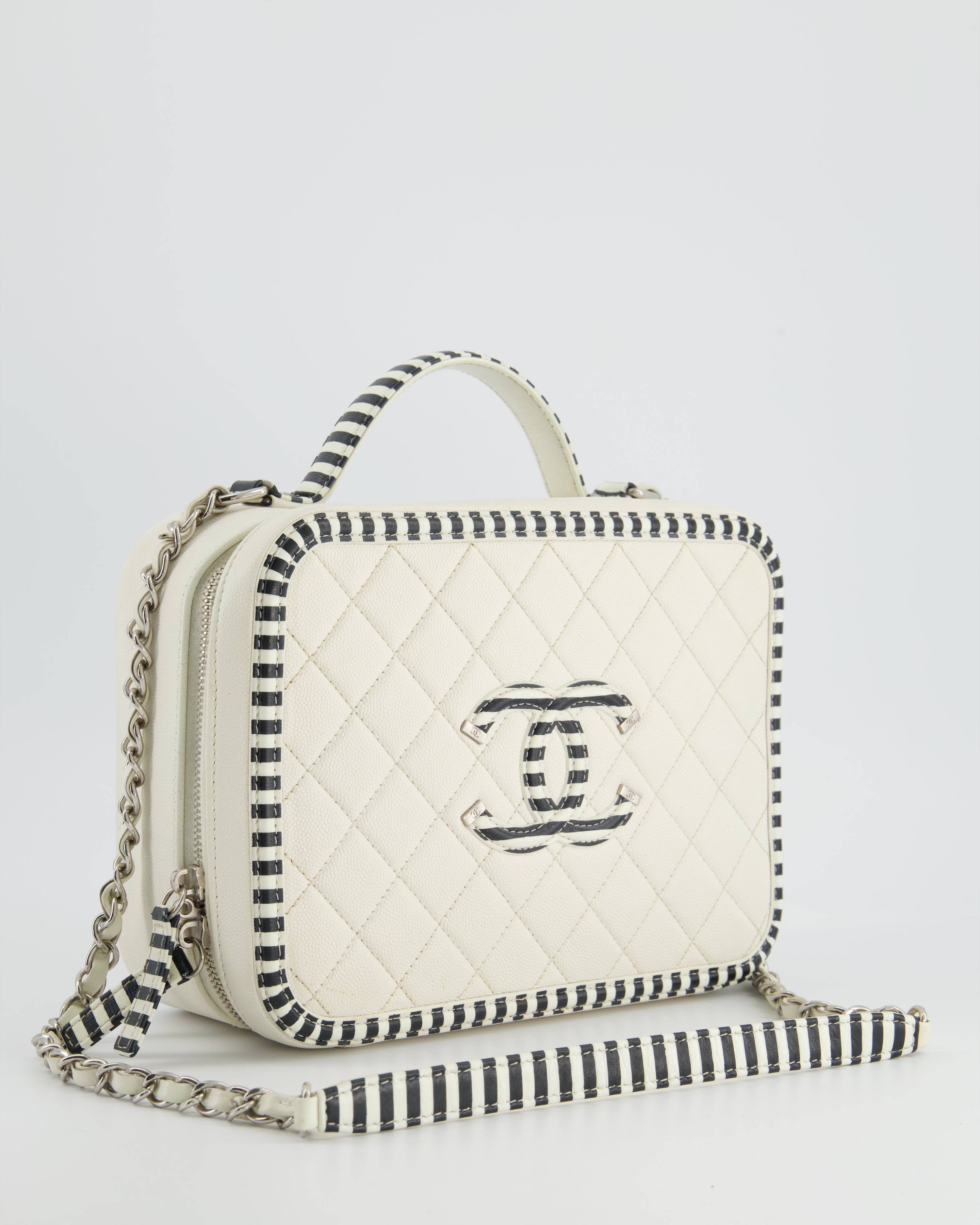 Chanel White Caviar Vanity Case with Zebra Motif CC Logo and Silver Hardware