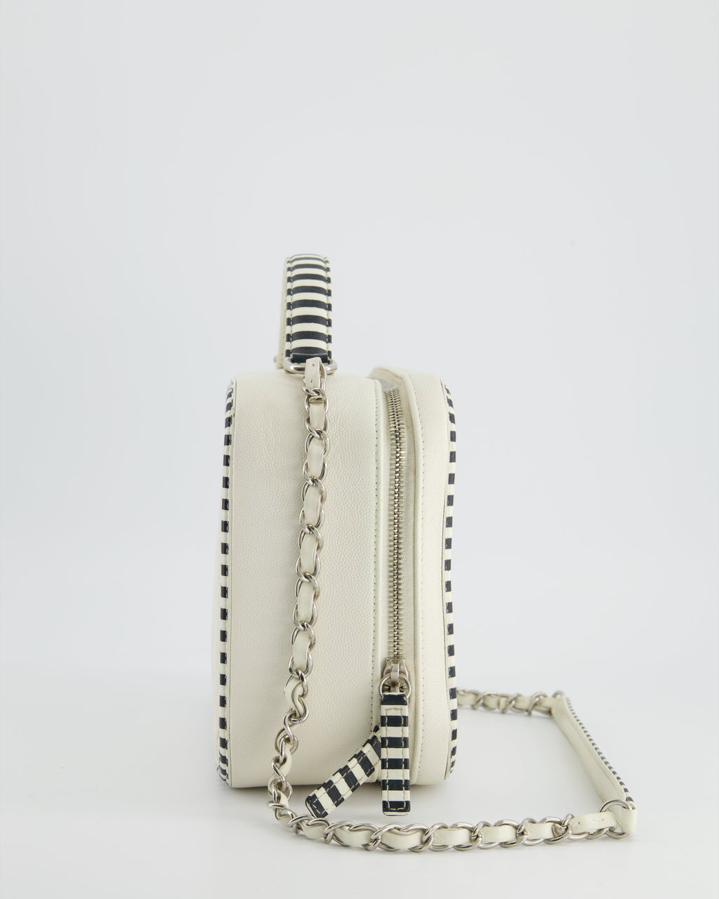 Chanel White Caviar Vanity Case with Zebra Motif CC Logo and Silver Hardware