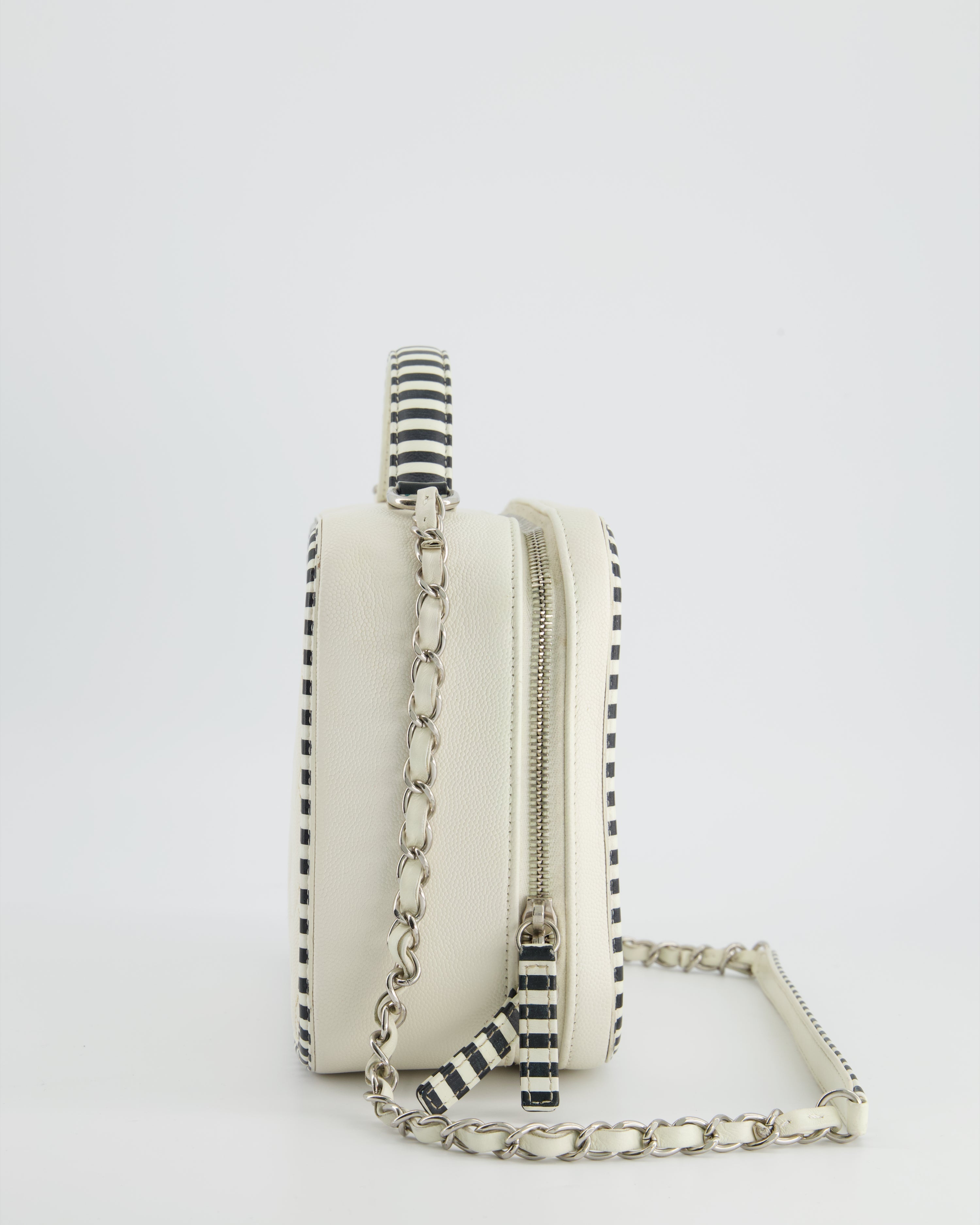 Chanel White Caviar Vanity Case with Zebra Motif CC Logo and Silver Hardware