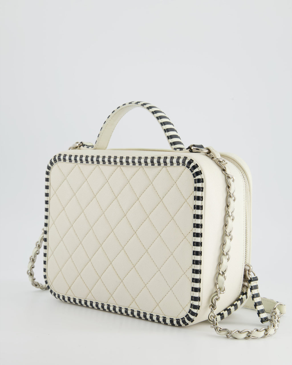 Chanel White Caviar Vanity Case with Zebra Motif CC Logo and Silver Hardware