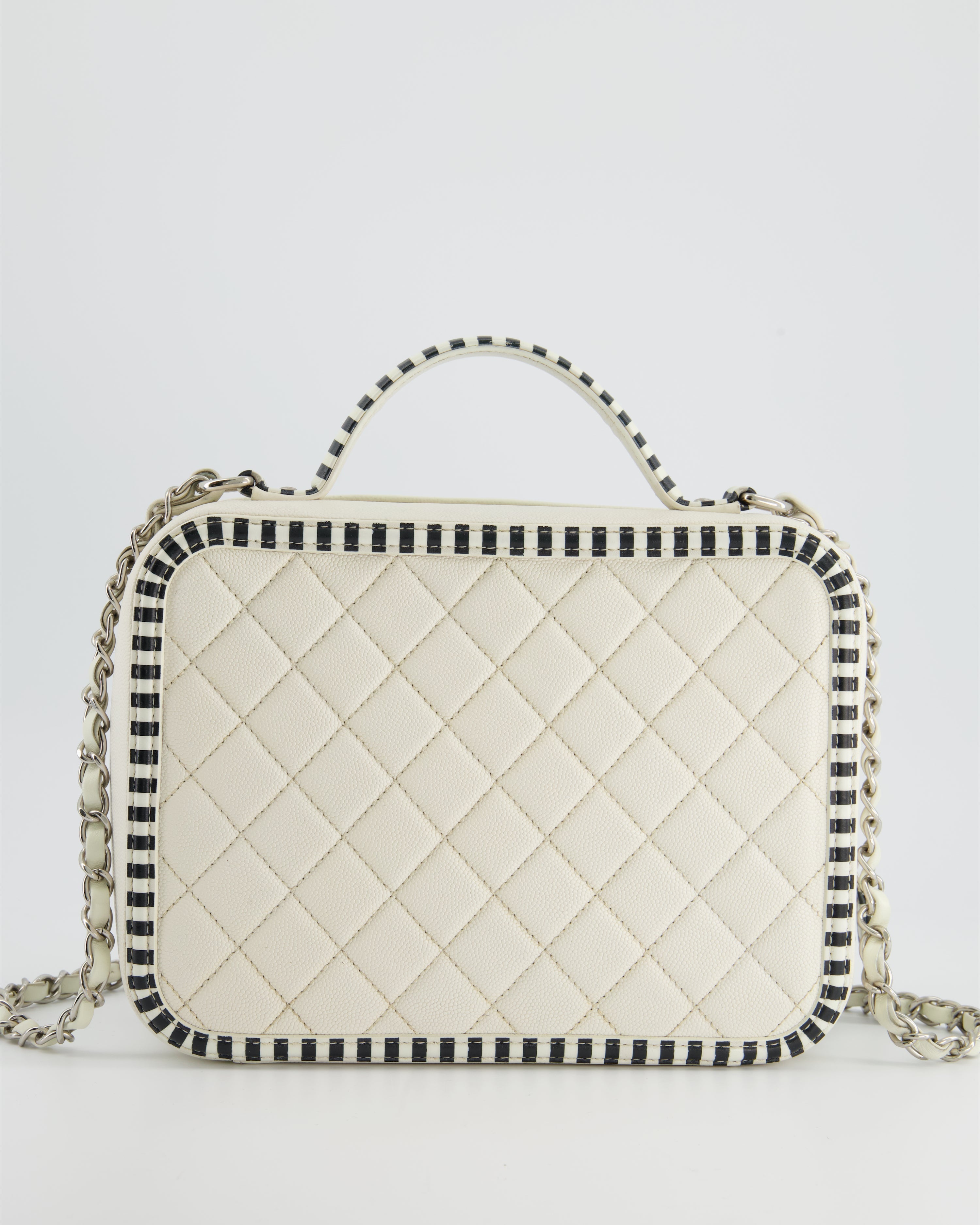 Chanel White Caviar Vanity Case with Zebra Motif CC Logo and Silver Hardware