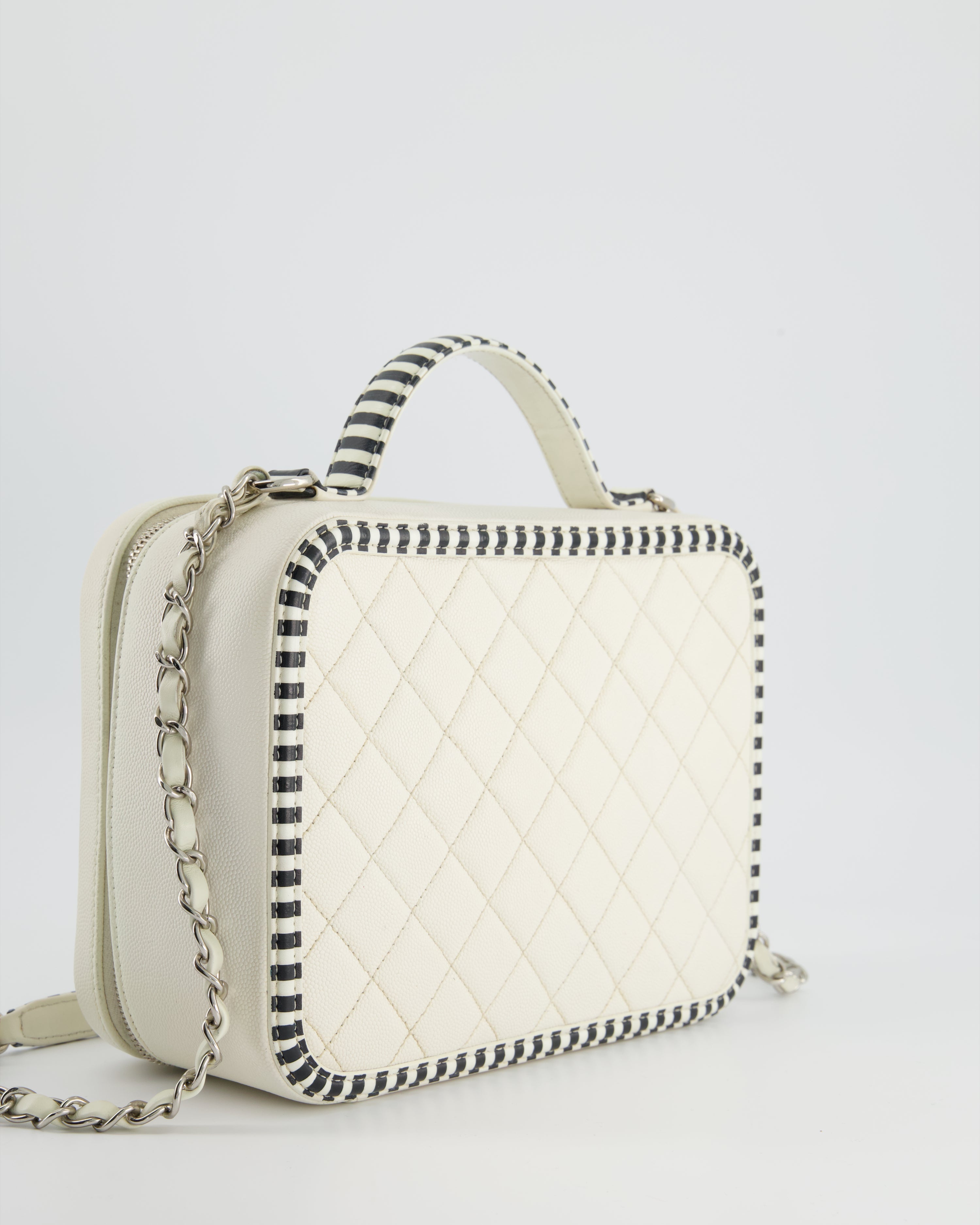 Chanel White Caviar Vanity Case with Zebra Motif CC Logo and Silver Hardware