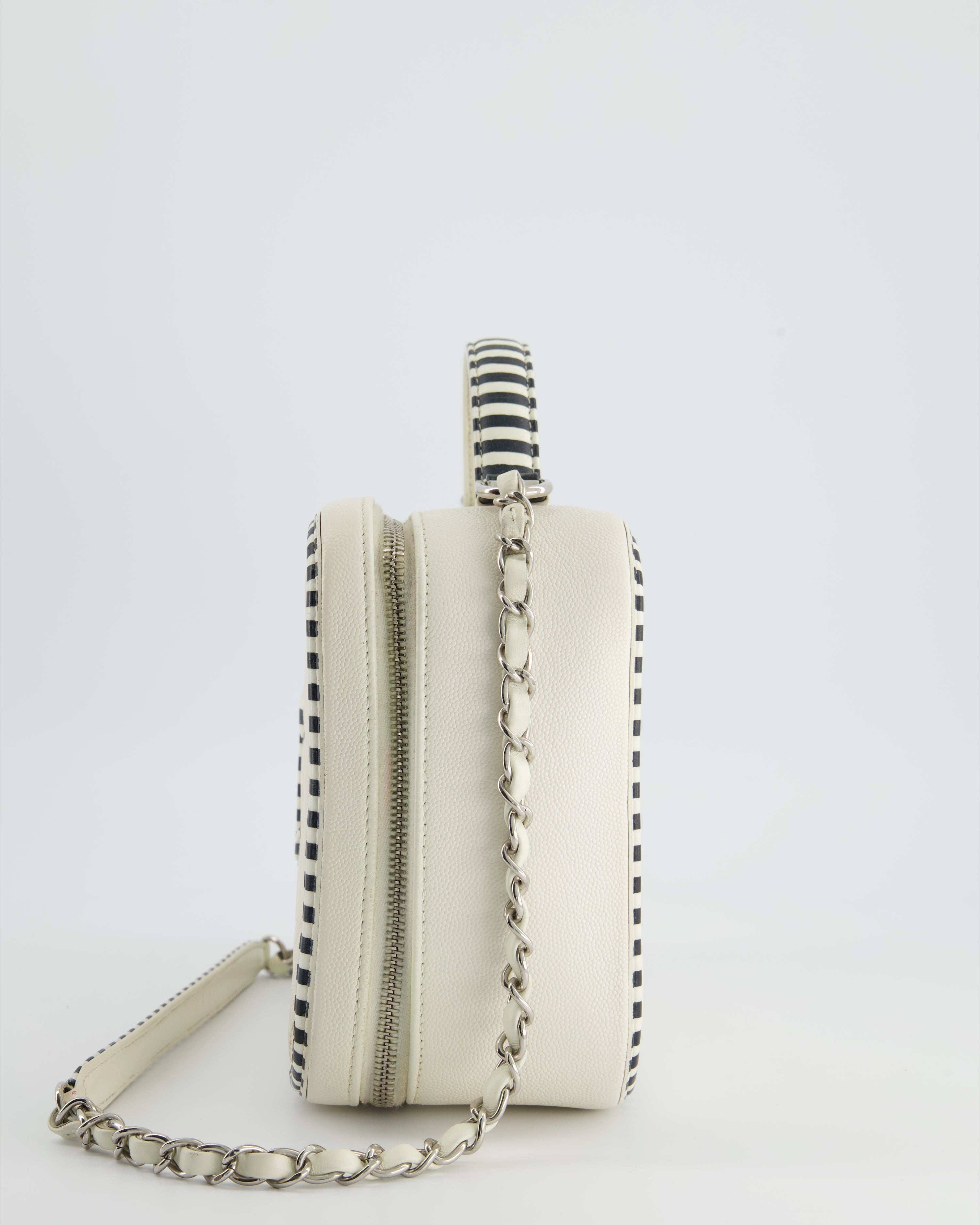 Chanel White Caviar Vanity Case with Zebra Motif CC Logo and Silver Hardware