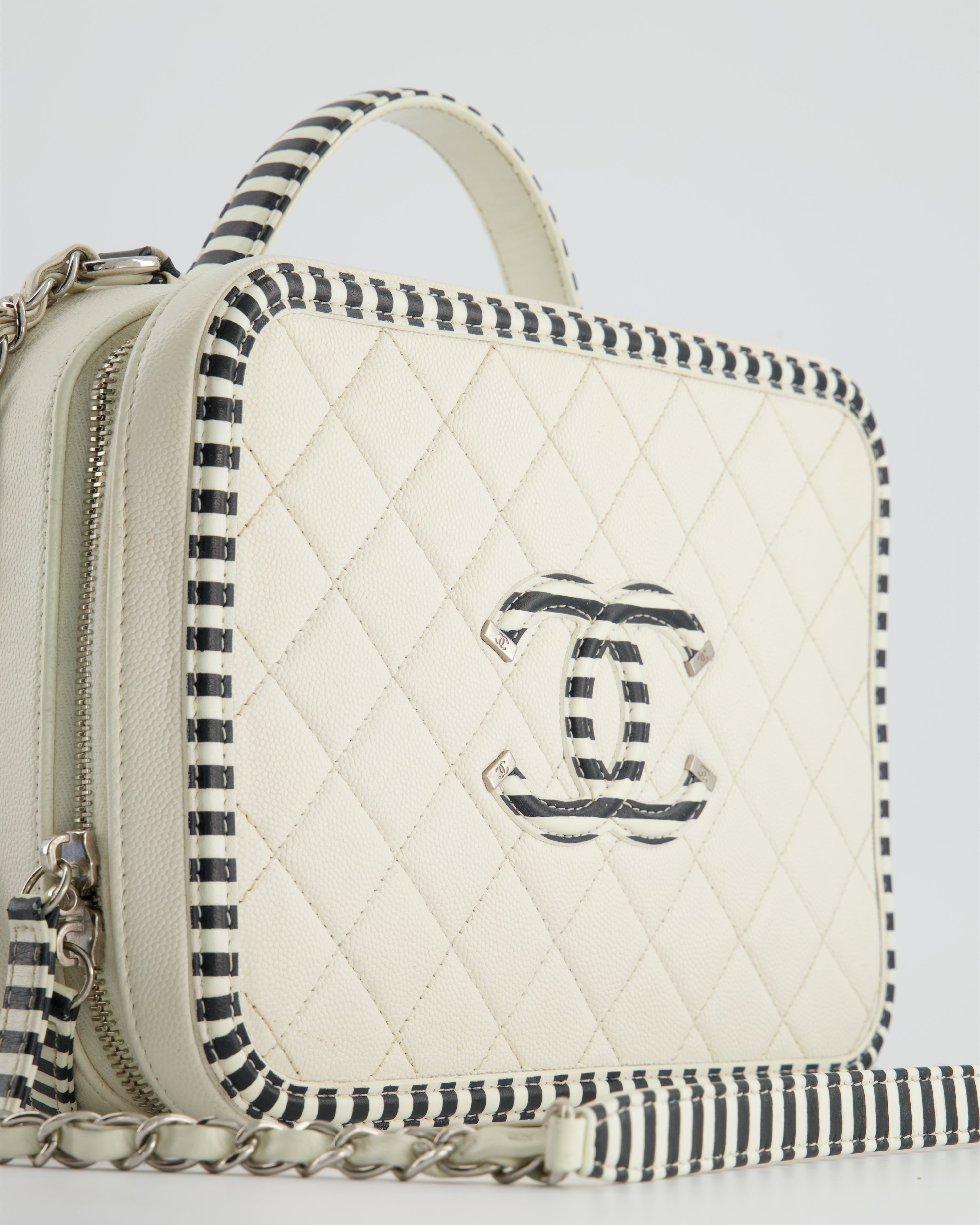 Chanel White Caviar Vanity Case with Zebra Motif CC Logo and Silver Hardware