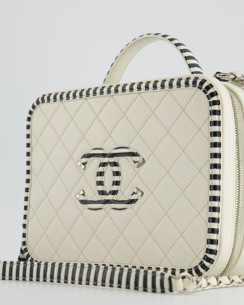 Chanel White Caviar Vanity Case with Zebra Motif CC Logo and Silver Hardware
