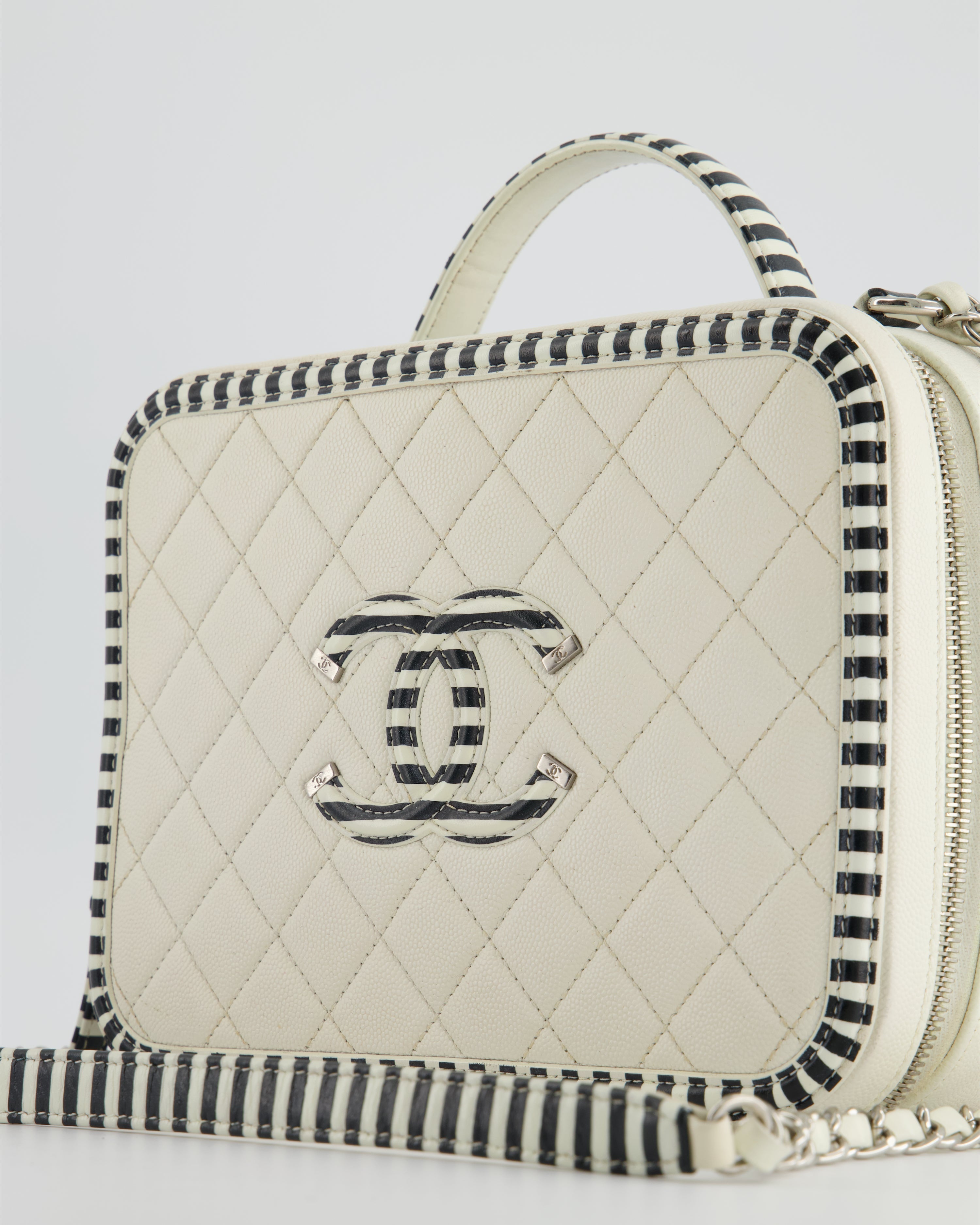 Chanel White Caviar Vanity Case with Zebra Motif CC Logo and Silver Hardware