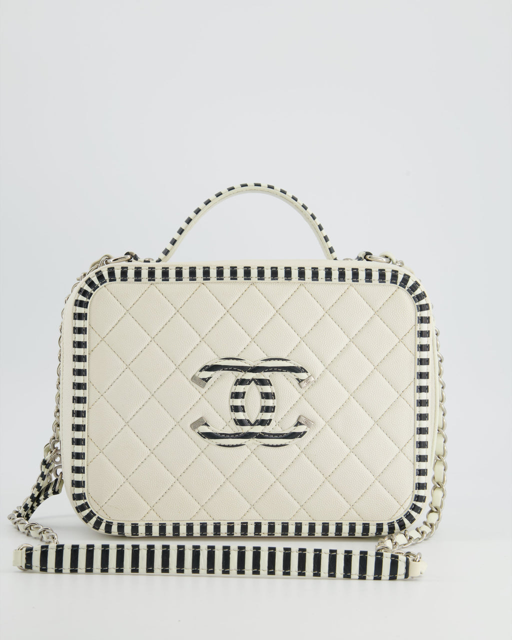 Chanel White Caviar Vanity Case with Zebra Motif CC Logo and Silver Hardware