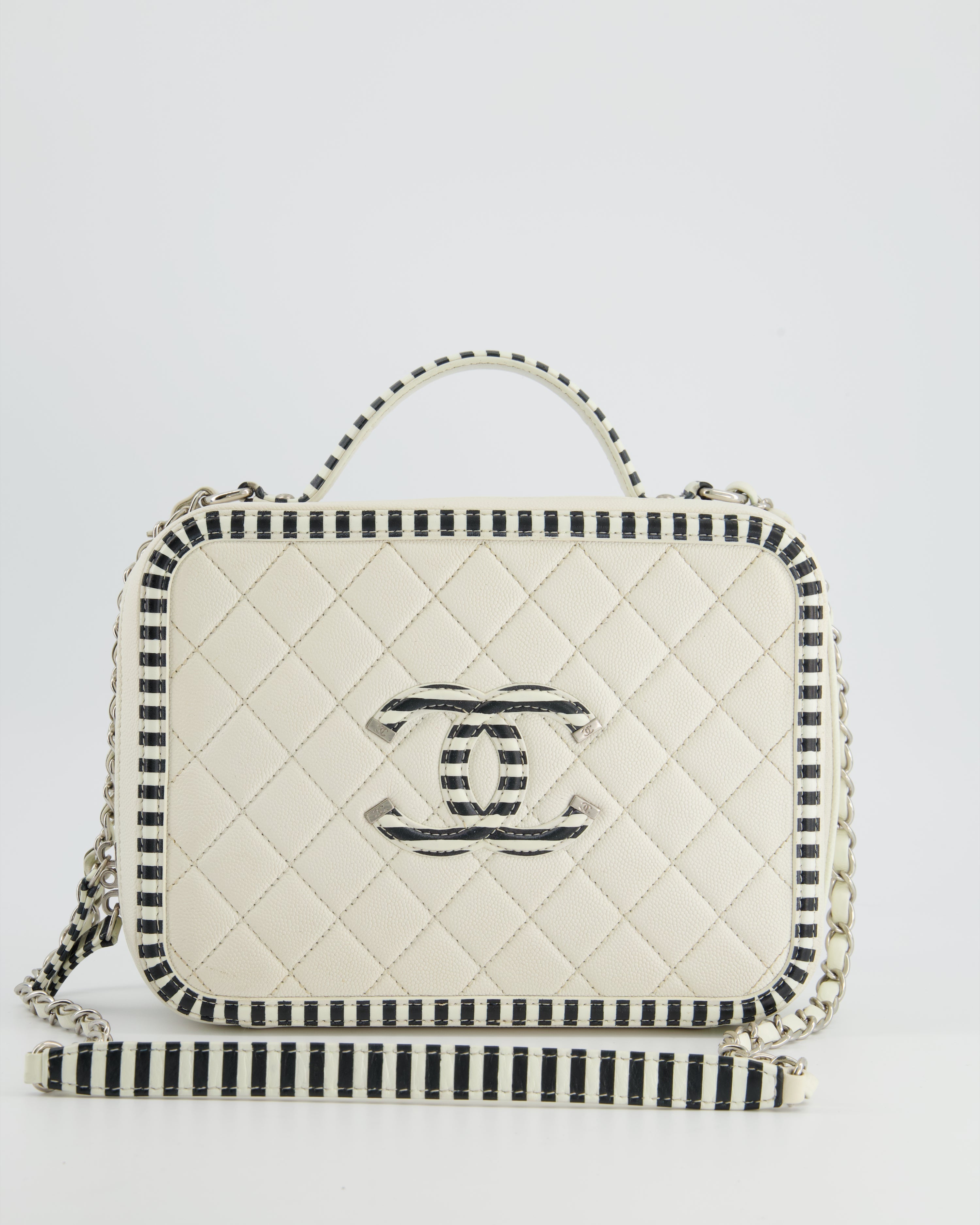Chanel White Caviar Vanity Case with Zebra Motif CC Logo and Silver Hardware
