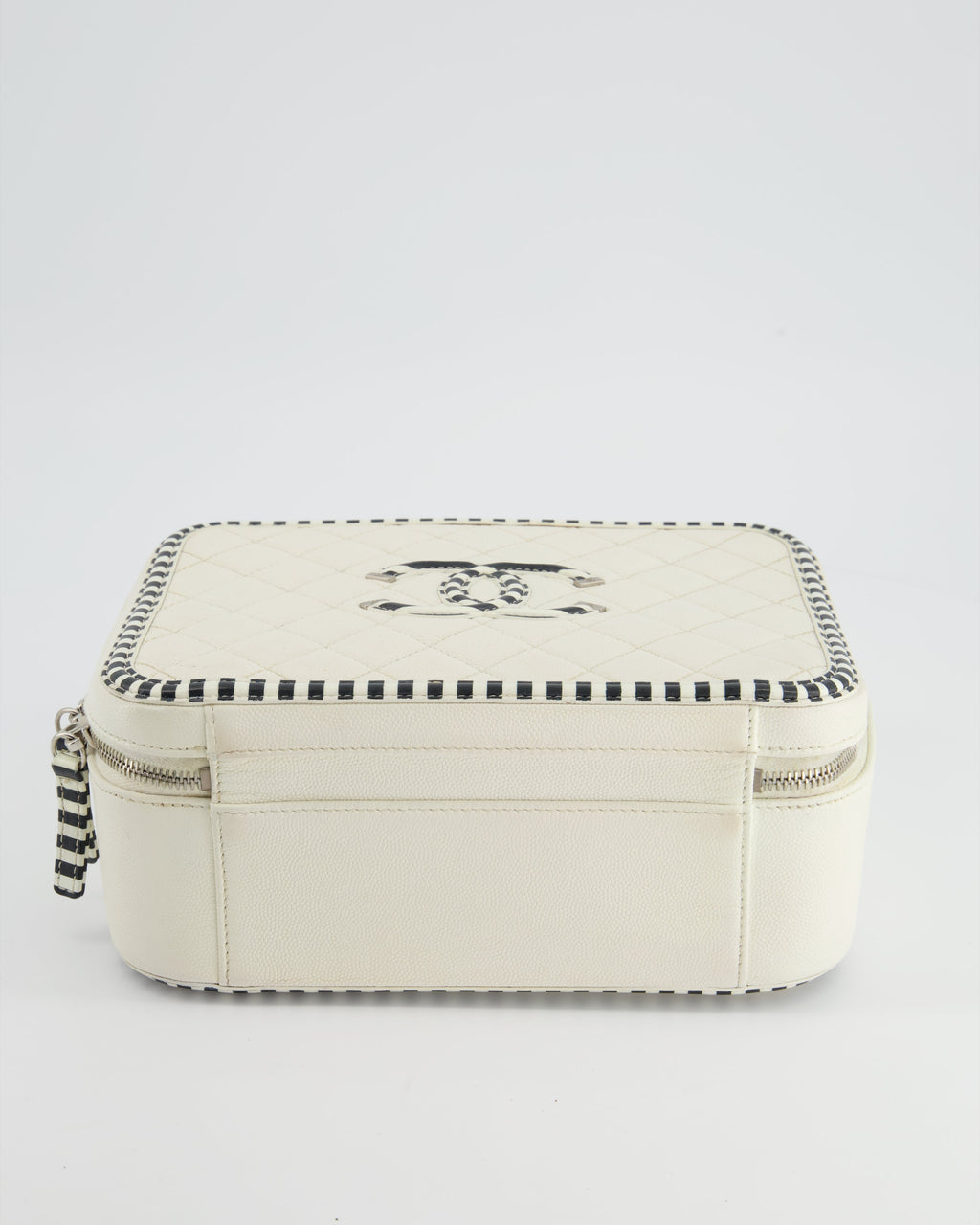 Chanel White Caviar Vanity Case with Zebra Motif CC Logo and Silver Hardware
