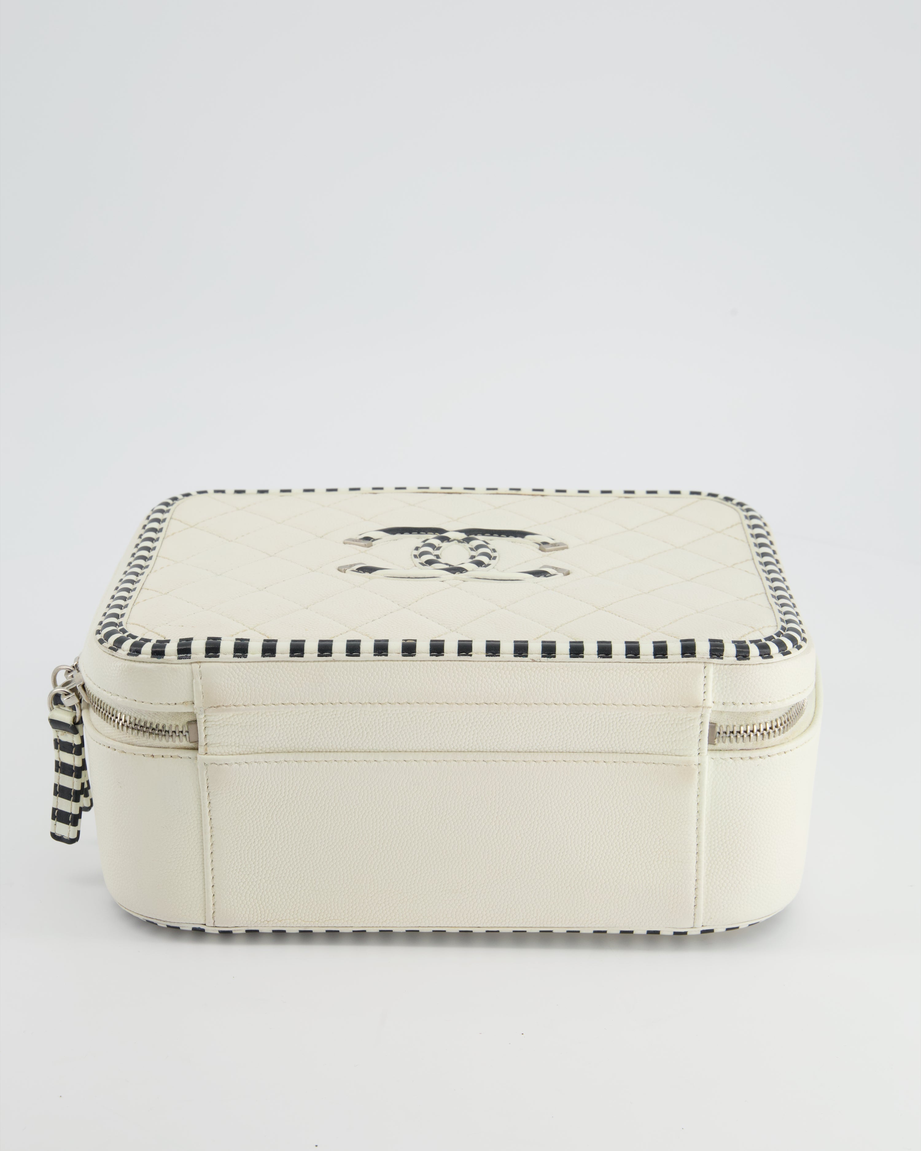 Chanel White Caviar Vanity Case with Zebra Motif CC Logo and Silver Hardware