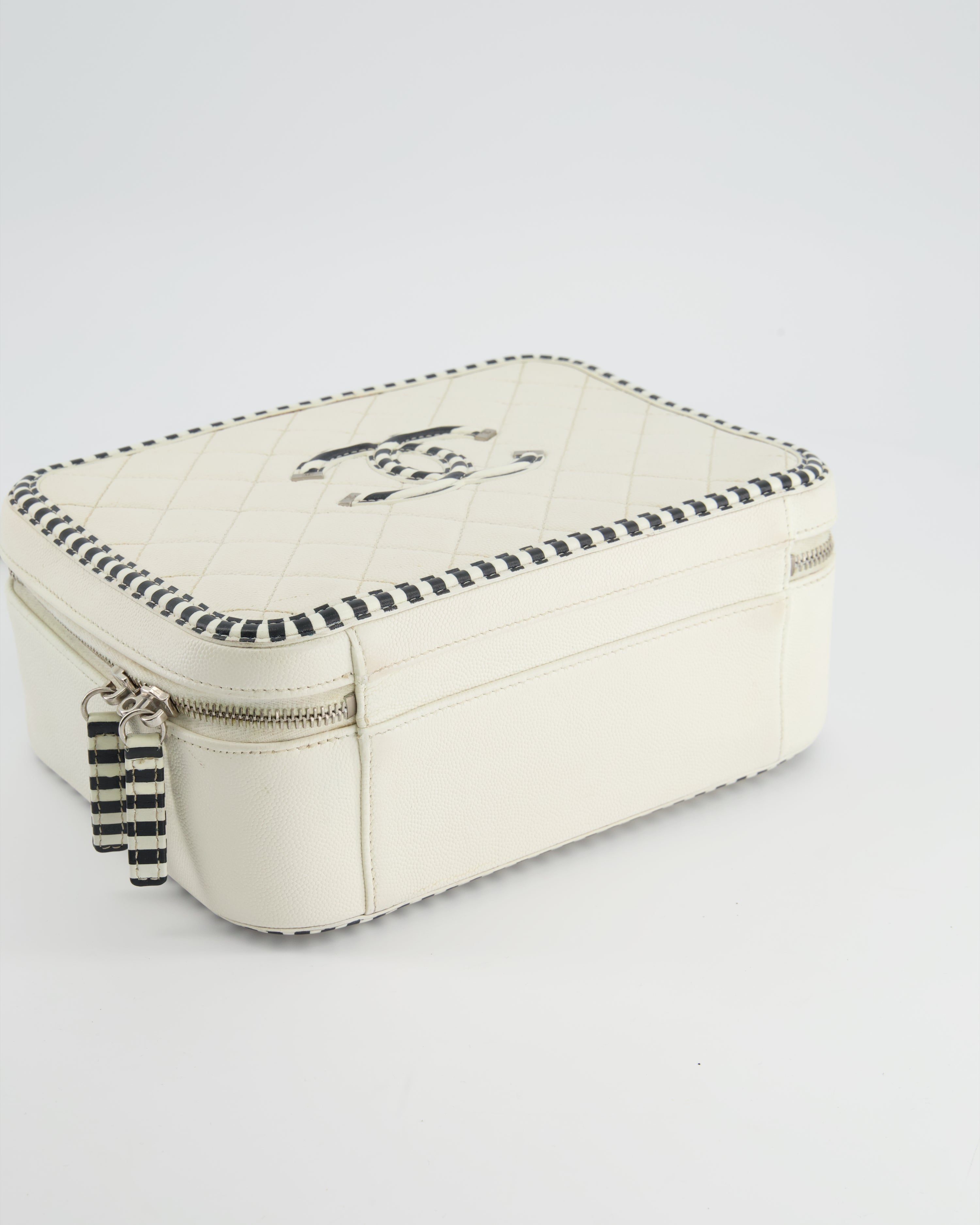 Chanel White Caviar Vanity Case with Zebra Motif CC Logo and Silver Hardware
