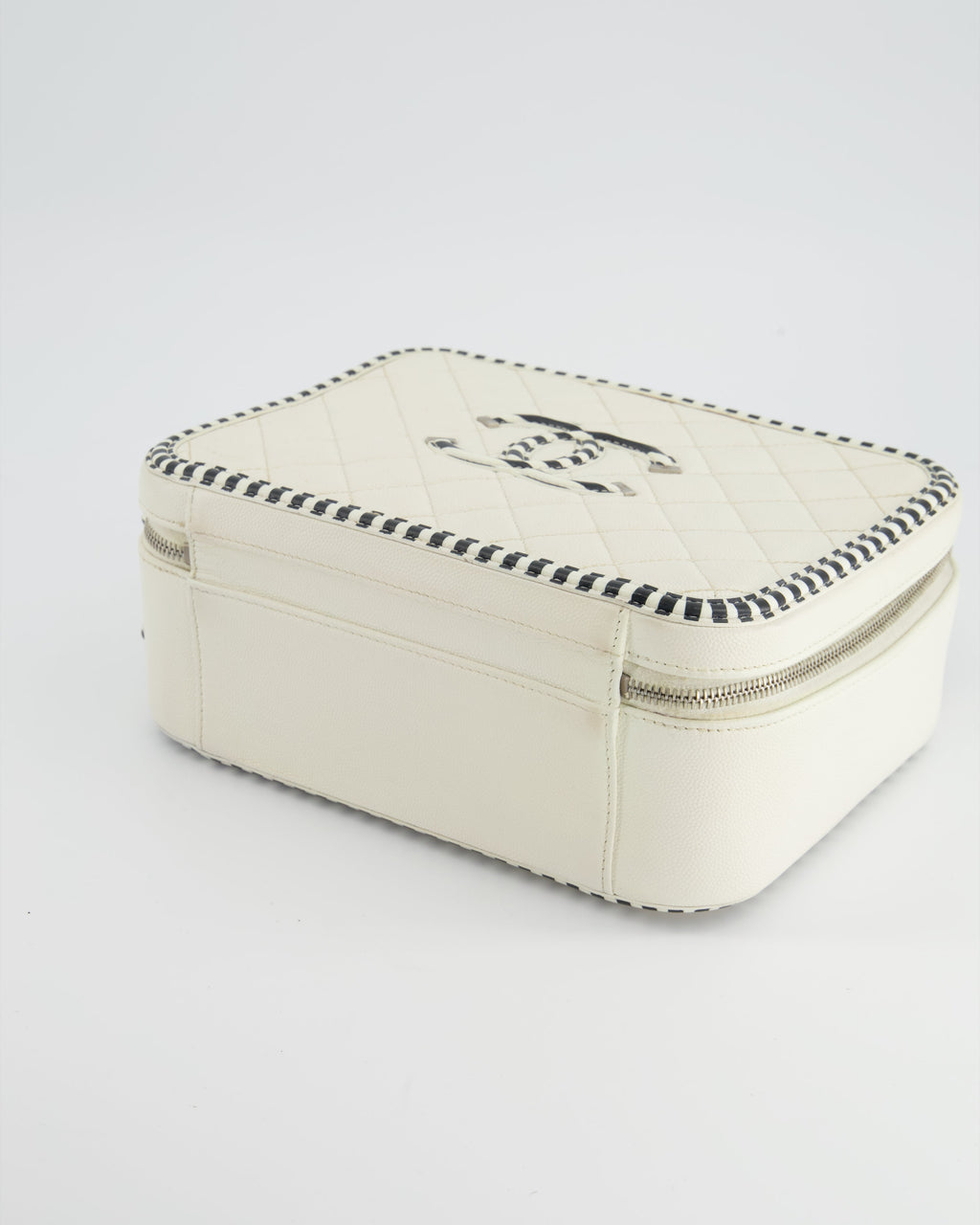 Chanel White Caviar Vanity Case with Zebra Motif CC Logo and Silver Hardware