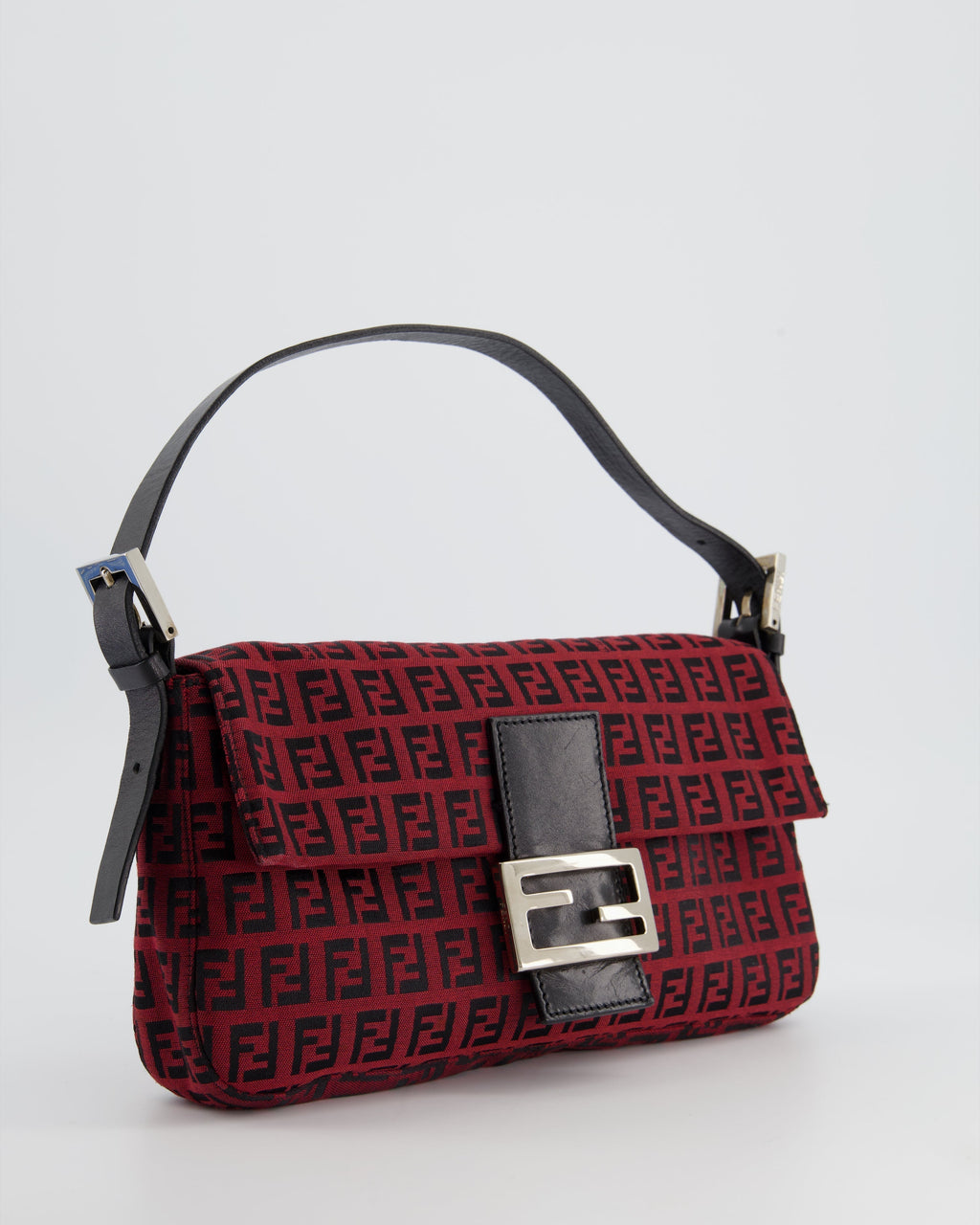 Fendi Vintage Red, Black Monogram FF Baguette Bag with Silver Hardware