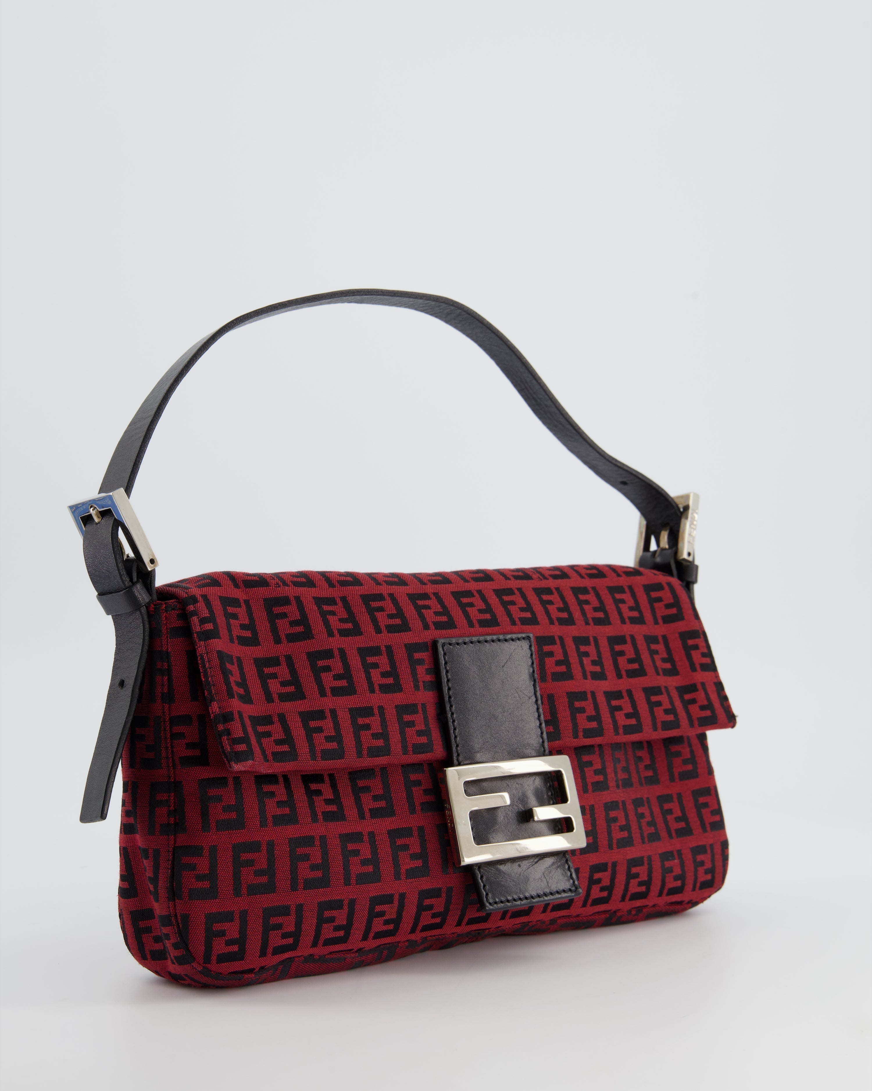 Fendi Vintage Red, Black Monogram FF Baguette Bag with Silver Hardware