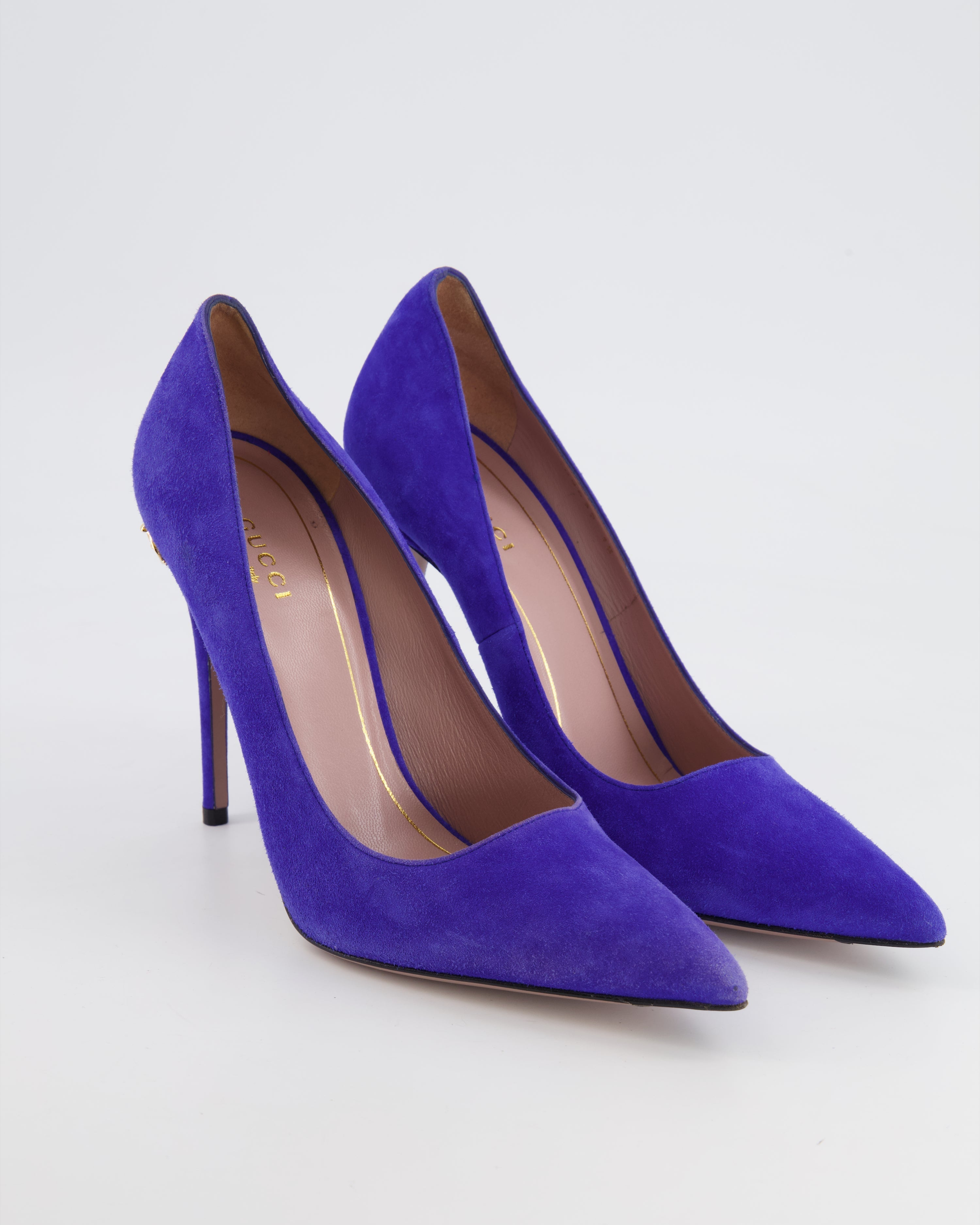Gucci Purple Suede Pumps with Gold Logo Detail Size EU 38