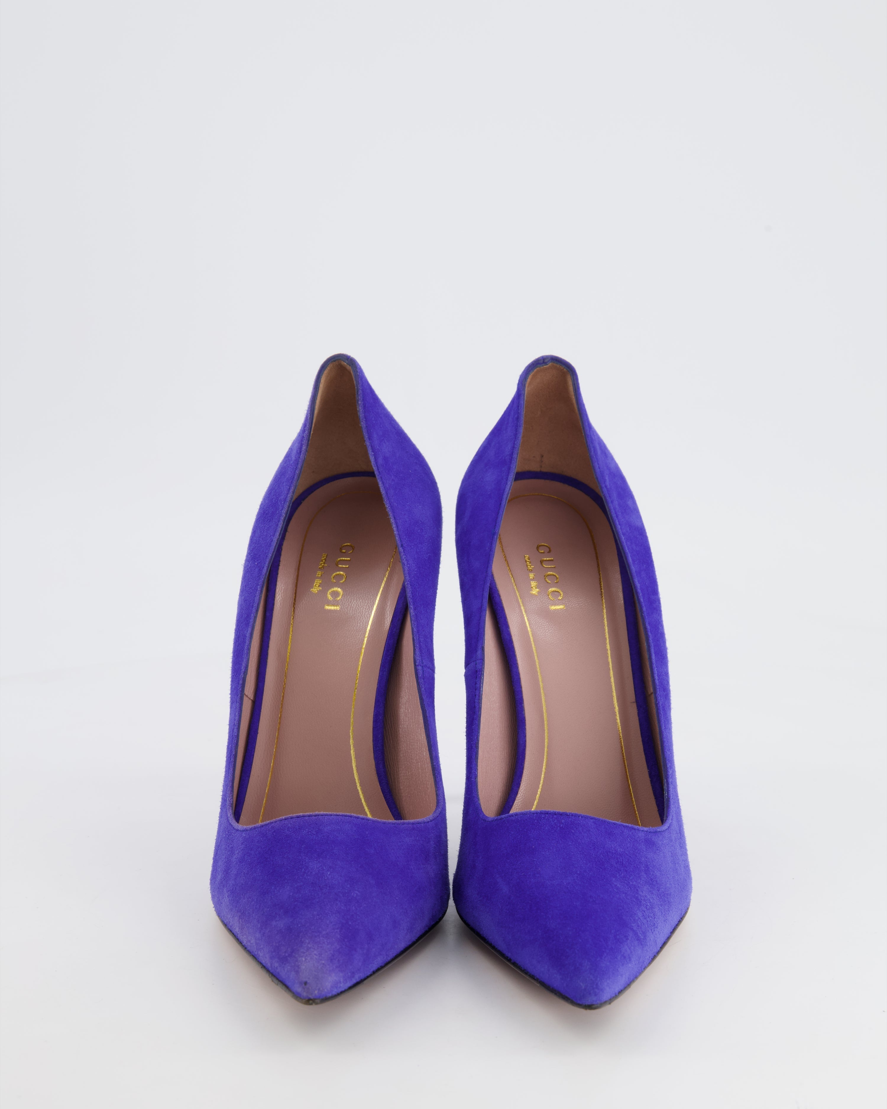Gucci Purple Suede Pumps with Gold Logo Detail Size EU 38