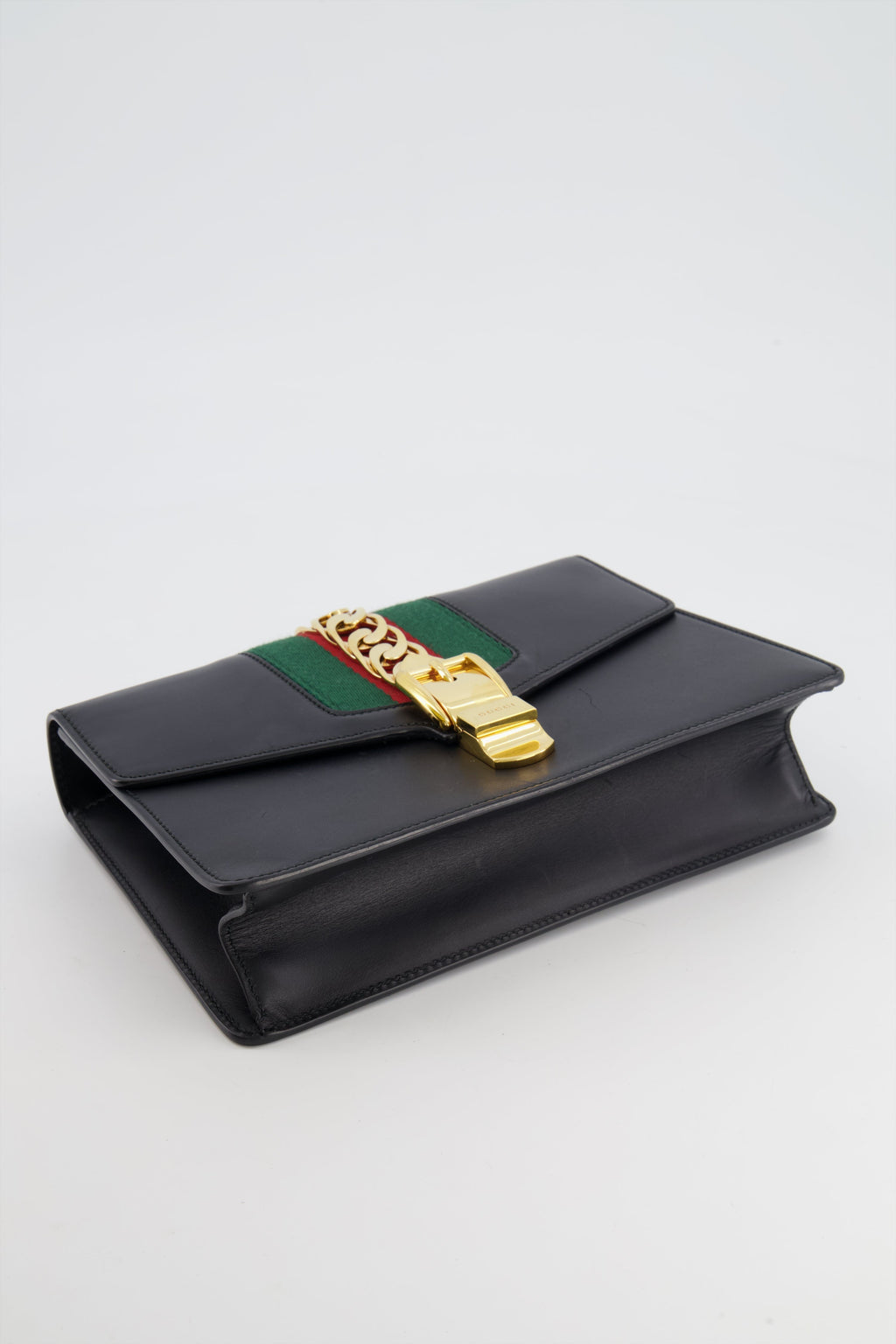 Gucci Black Leather Small Sylvie Bag Canvas with Gold Hardware and Canvas Strap