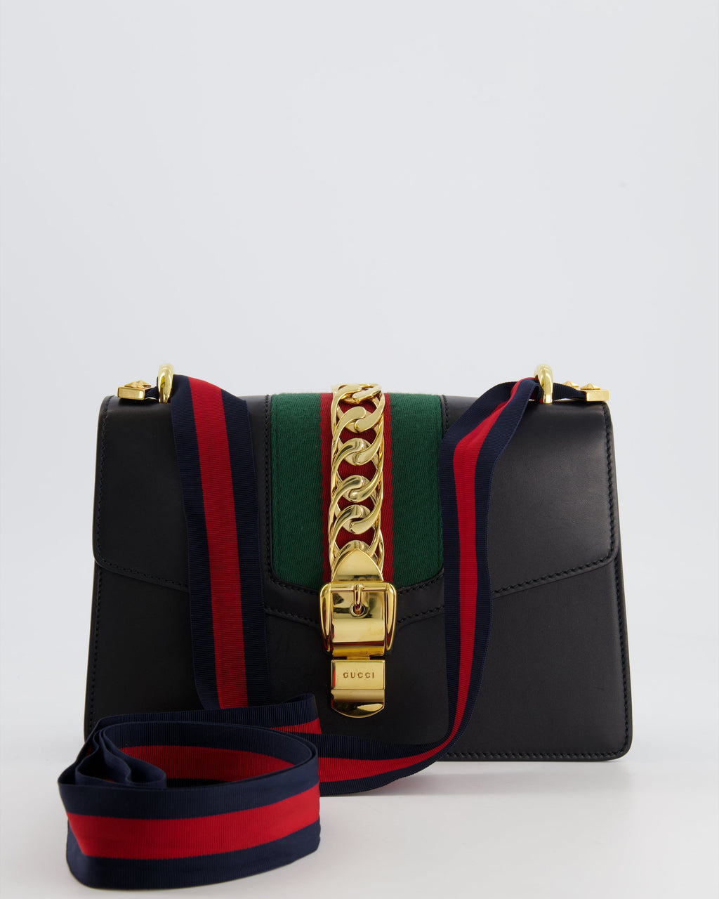 Gucci Black Leather Small Sylvie Bag Canvas with Gold Hardware and Canvas Strap