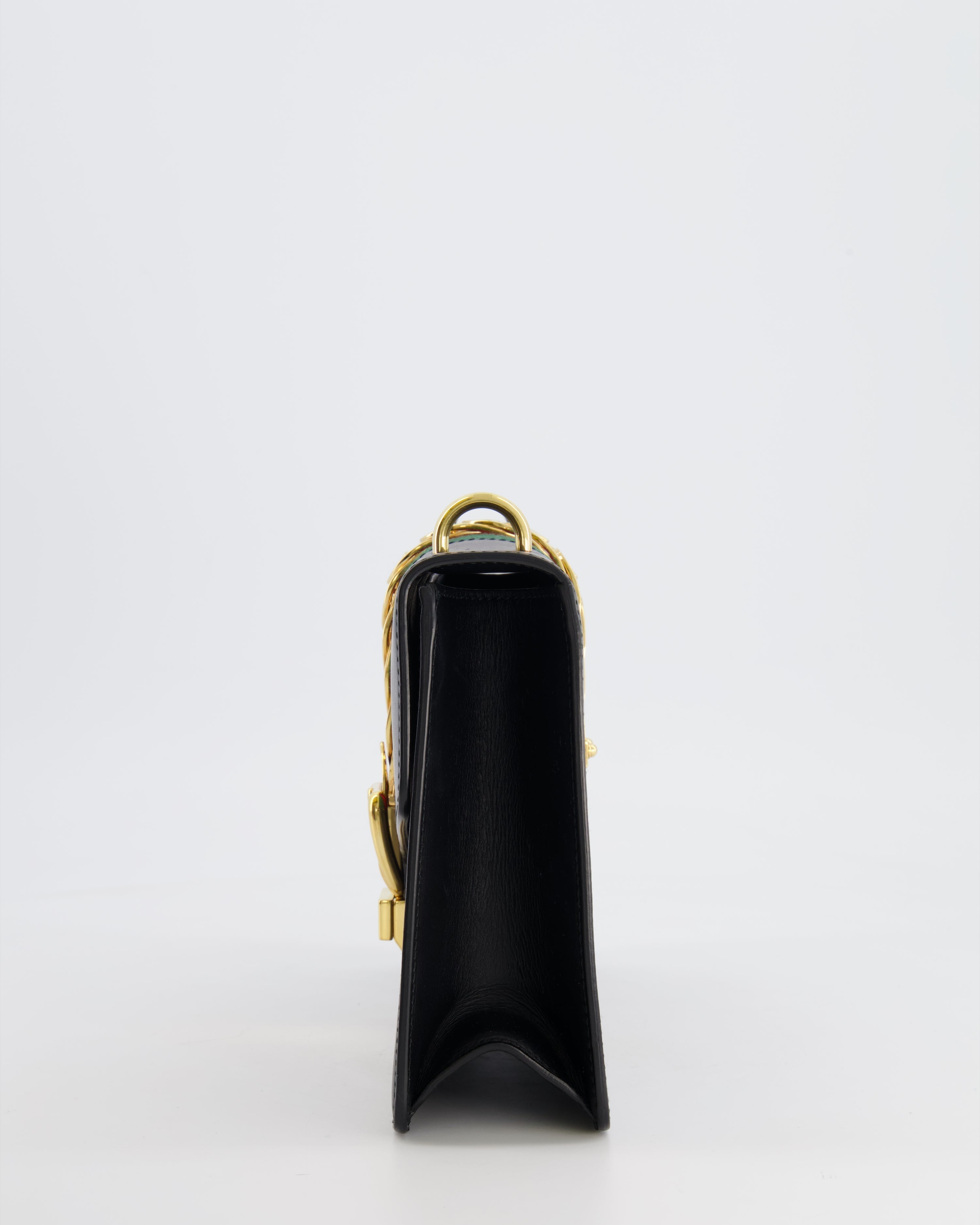 Gucci Black Leather Small Sylvie Bag Canvas with Gold Hardware and Canvas Strap