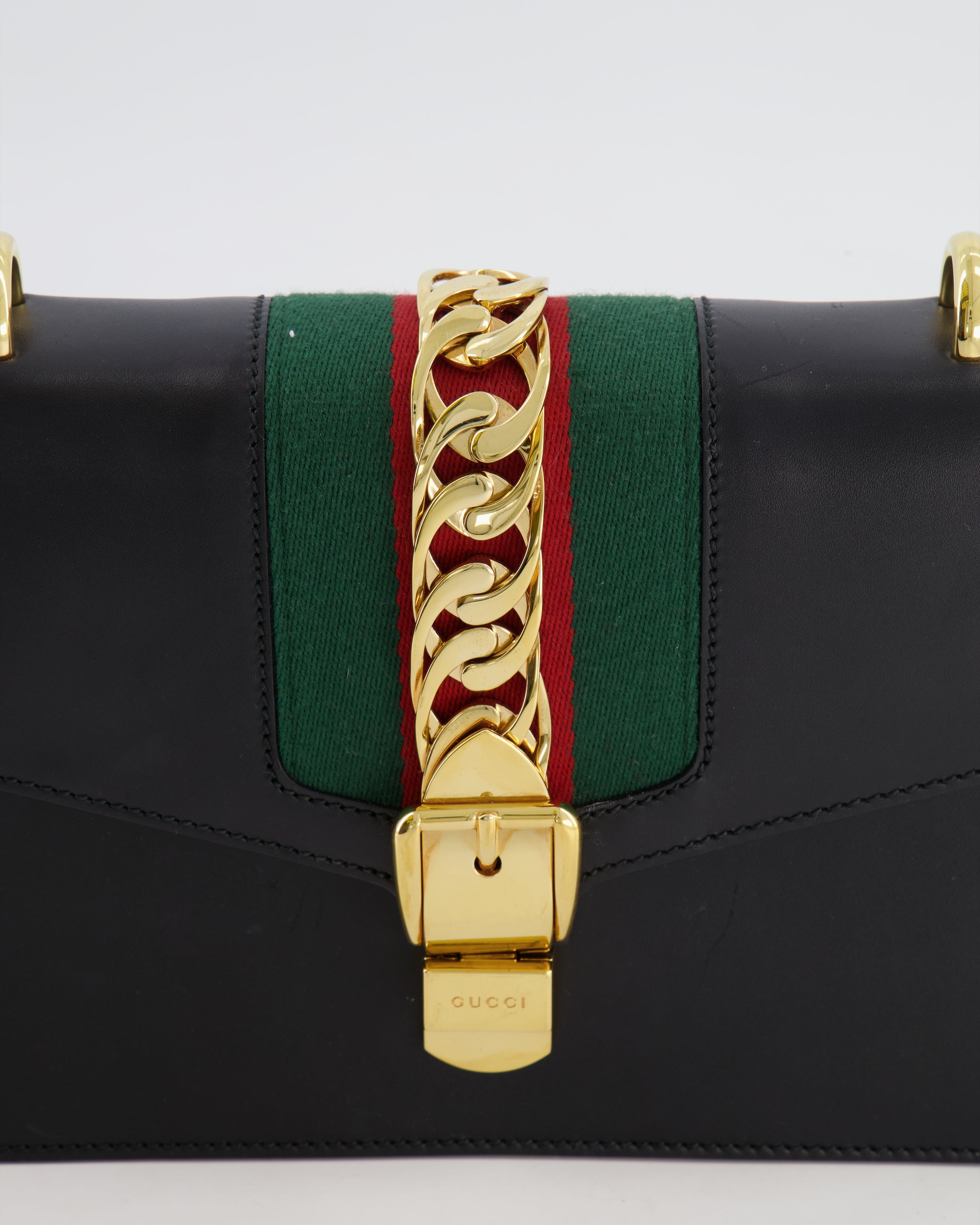 Gucci Black Leather Small Sylvie Bag Canvas with Gold Hardware and Canvas Strap