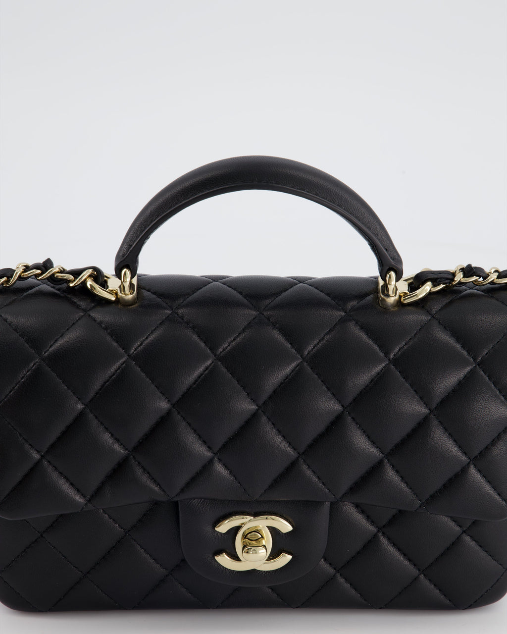 Chanel Black Mini Rectangular Top Handle Flap Bag in Lambskin with Champagne Gold Hardware