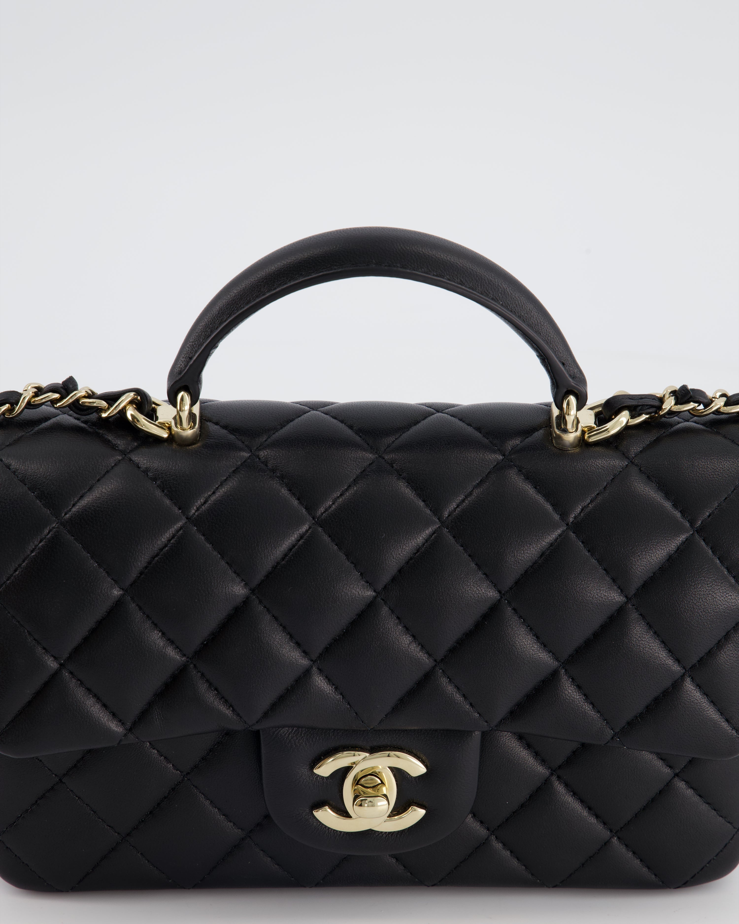 Chanel Black Mini Rectangular Top Handle Flap Bag in Lambskin with Champagne Gold Hardware